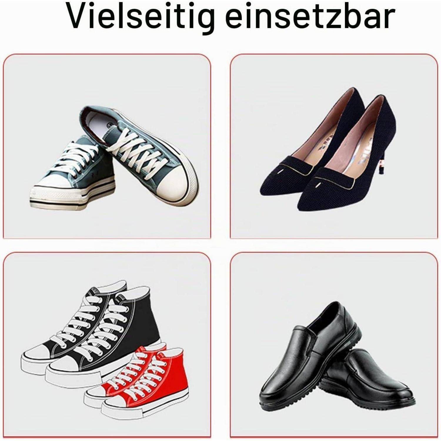 Collage aus vier Schuhstilen unter der deutschen Überschrift „Vielseitig einsetzbar": Sneaker, High Heels, High-Top-Sneaker und Anzugschuhe.