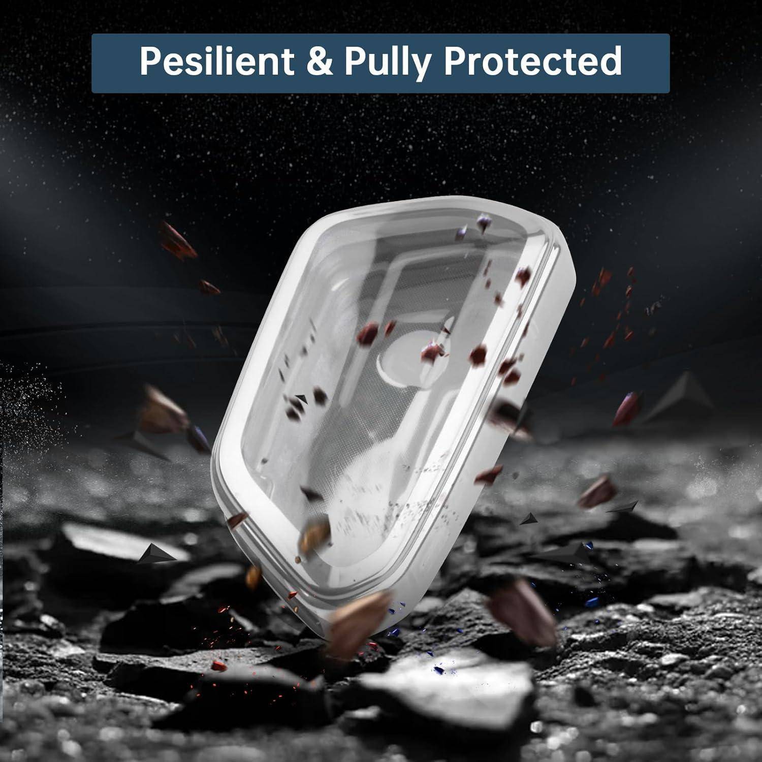 Ein robustes transparentes Geräteetui steht aufrecht inmitten von fliegenden Trümmern mit dem Text „Pesilient & Pully Protected