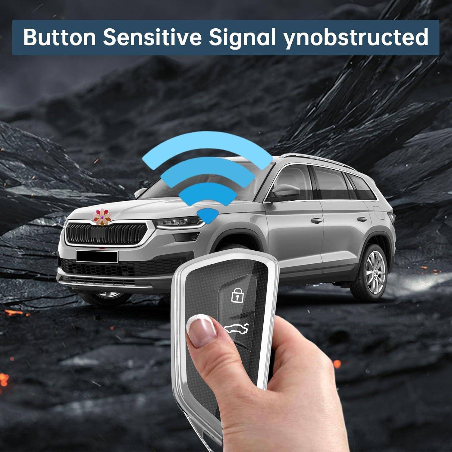 Hand hält eine Autoschlüsselfernbedienung mit Schloss- und Kofferraumsymbolen, drahtloses Signal wird über einem silbernen SUV angezeigt; Text lautet 