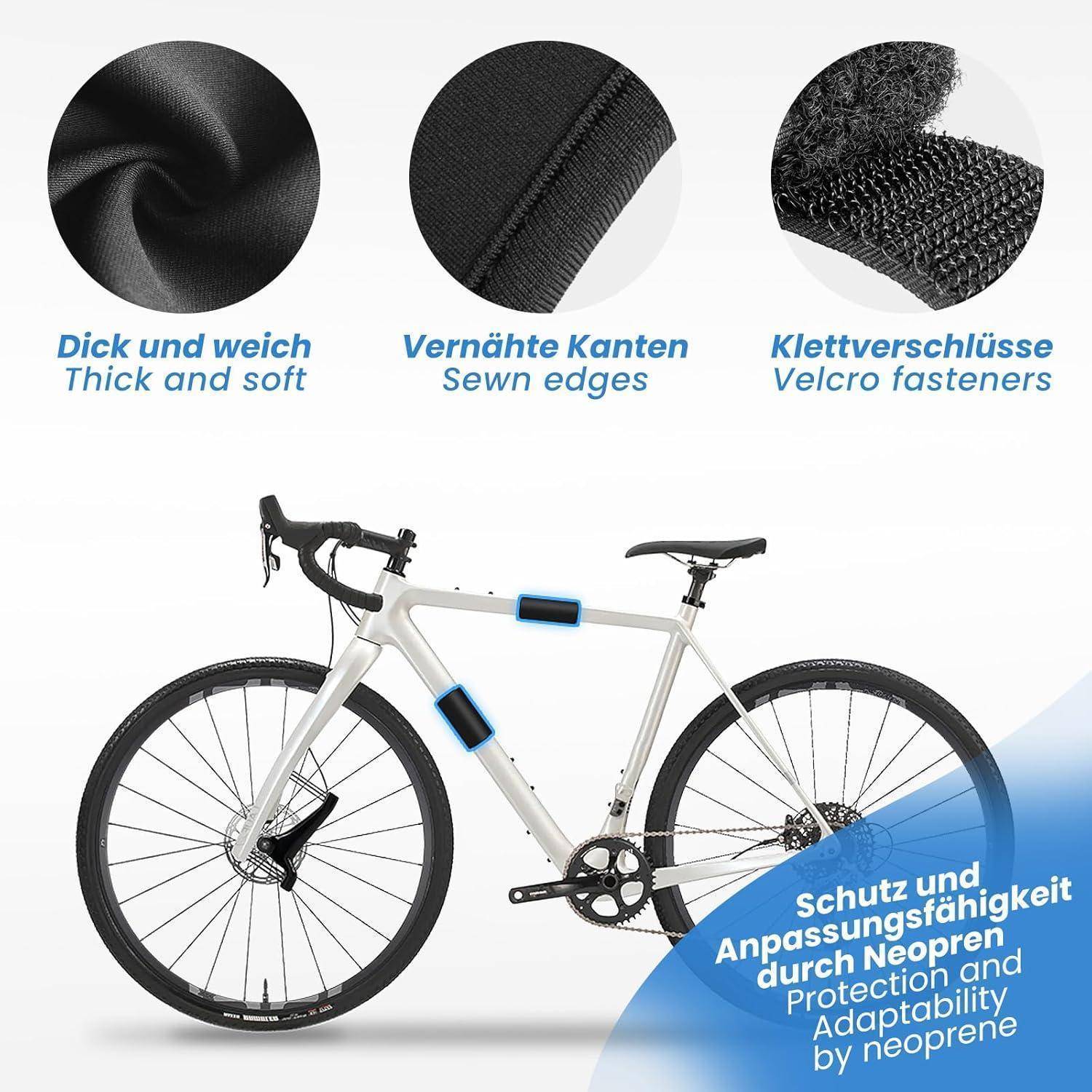 Fahrradrahmen-Schutz aus dickem, weichem Neopren mit genähten Kanten und Klettverschlüssen, dargestellt an einem Fahrrad zum Schutz und zur Anpassungsfähigkeit.