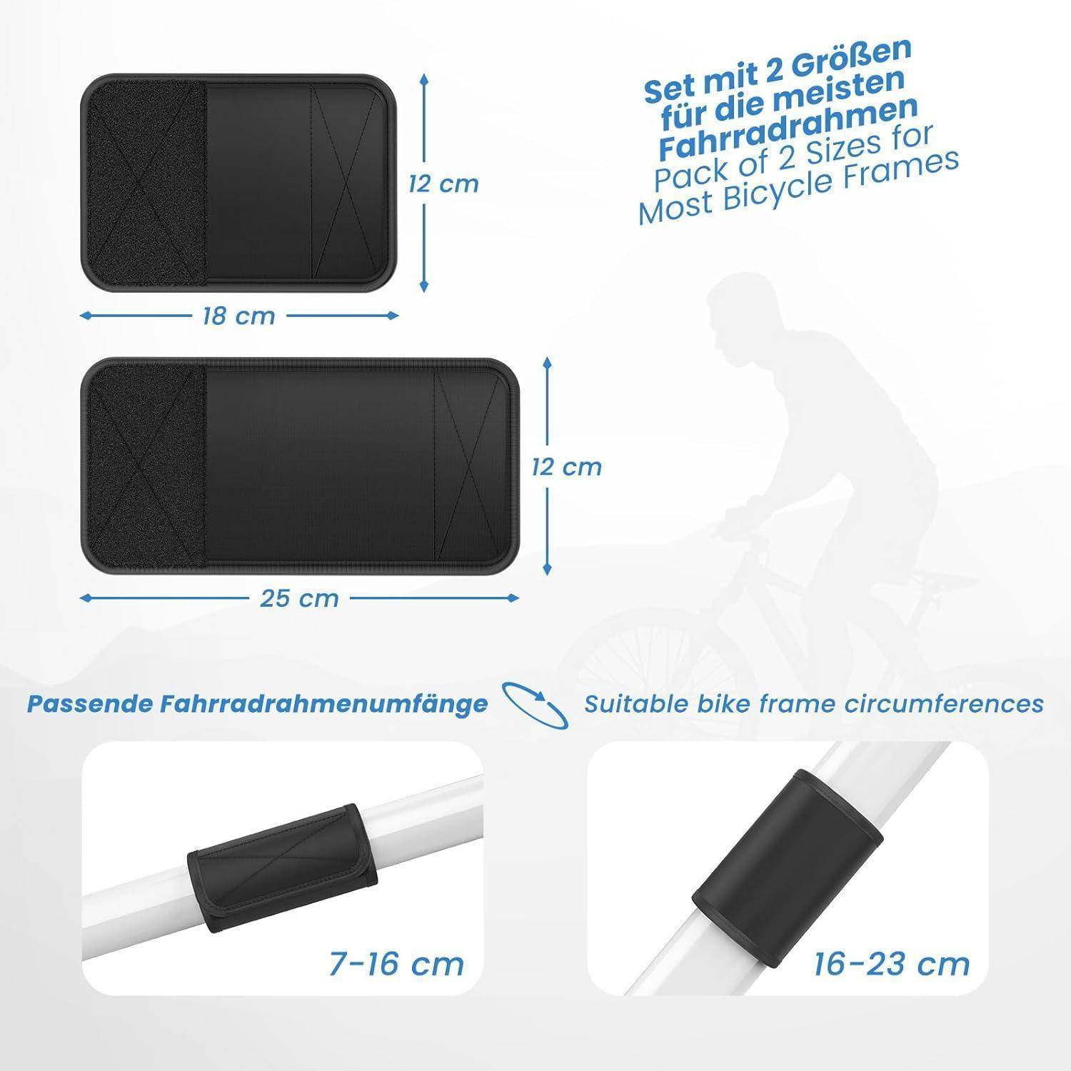 Satz von 2 schwarzen Fahrradrahmentaschen für die meisten Fahrradrahmen, gezeigt in zwei Größen: 18 x 12 cm und 25 x 12 cm, passend für Rahmenumfänge von 7-16 cm und 16-23 cm.