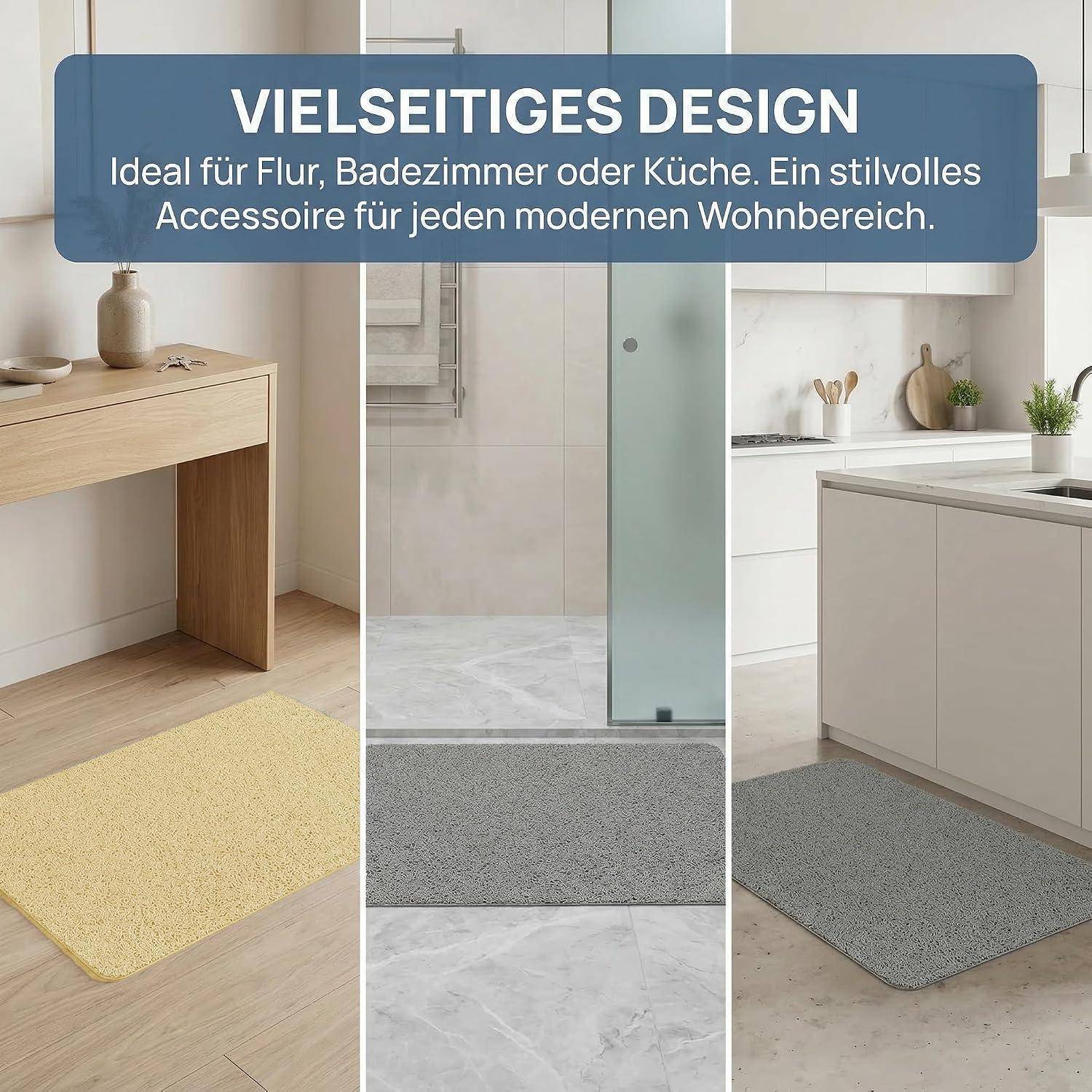 Werbebild mit drei strukturierten Bodenmatte in einem Flur, Badezimmer und einer Küche; der Text lautet „VIELSEITIGES DESIGN" und „Ideal für Flur, Badezimmer oder Küche. Ein stilvolles Accessoire für jeden modernen Wohnbereich."
