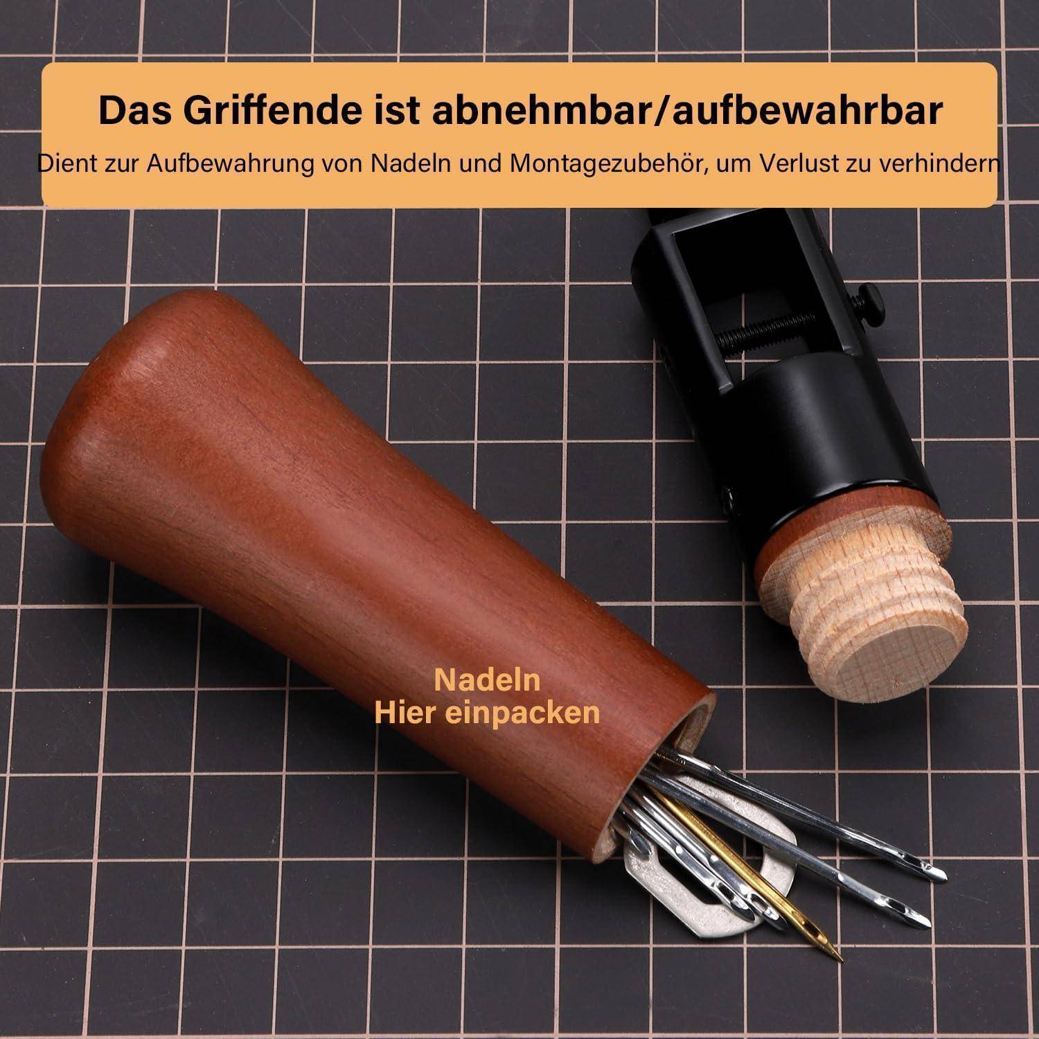 Abbildung eines Nadelhalters mit abnehmbarer Kappe; der Text besagt, dass der Griff entfernt/gelagert werden kann und das Röhrchen Nadeln und Zubehör hält, um Verluste zu verhindern.
