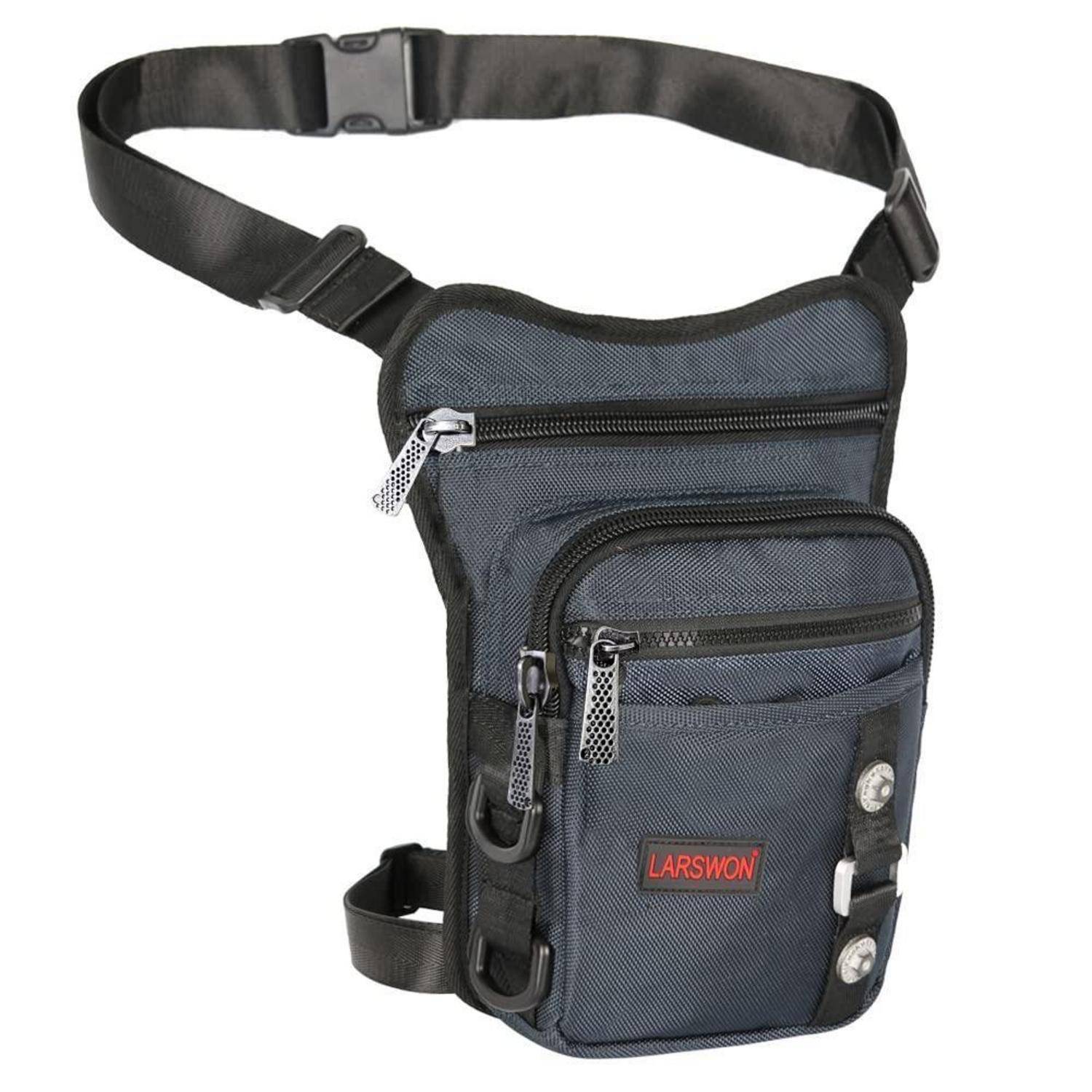 Dunkelblau taktische Beintasche mit verstellbaren Hüft- und Oberschenkelgurten, mehreren verschließbaren Taschen mit Reißverschluss und Clipbefestigungen.