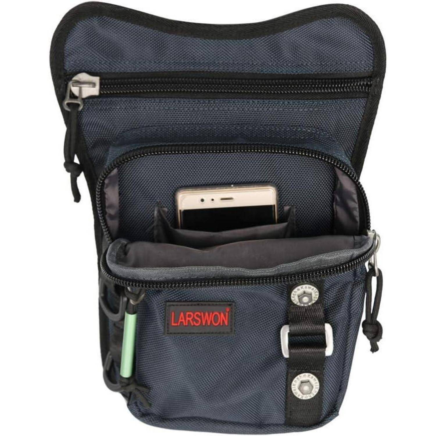 Kleine Marineblaue Stoffschultertasche mit Frontfach, Reißverschlusslasche und einem Smartphone, das im Hauptfach sichtbar ist.