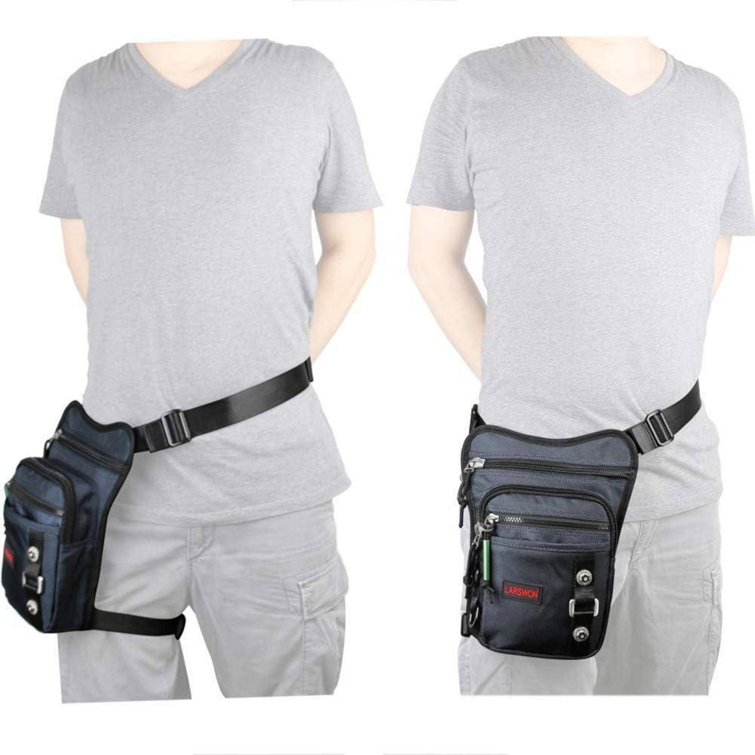 Zwei Ansichten einer schwarzen Hüft-Holster-Tasche, die über die Hüfte und den Oberschenkel über einem grauen T-Shirt und Shorts getragen wird.