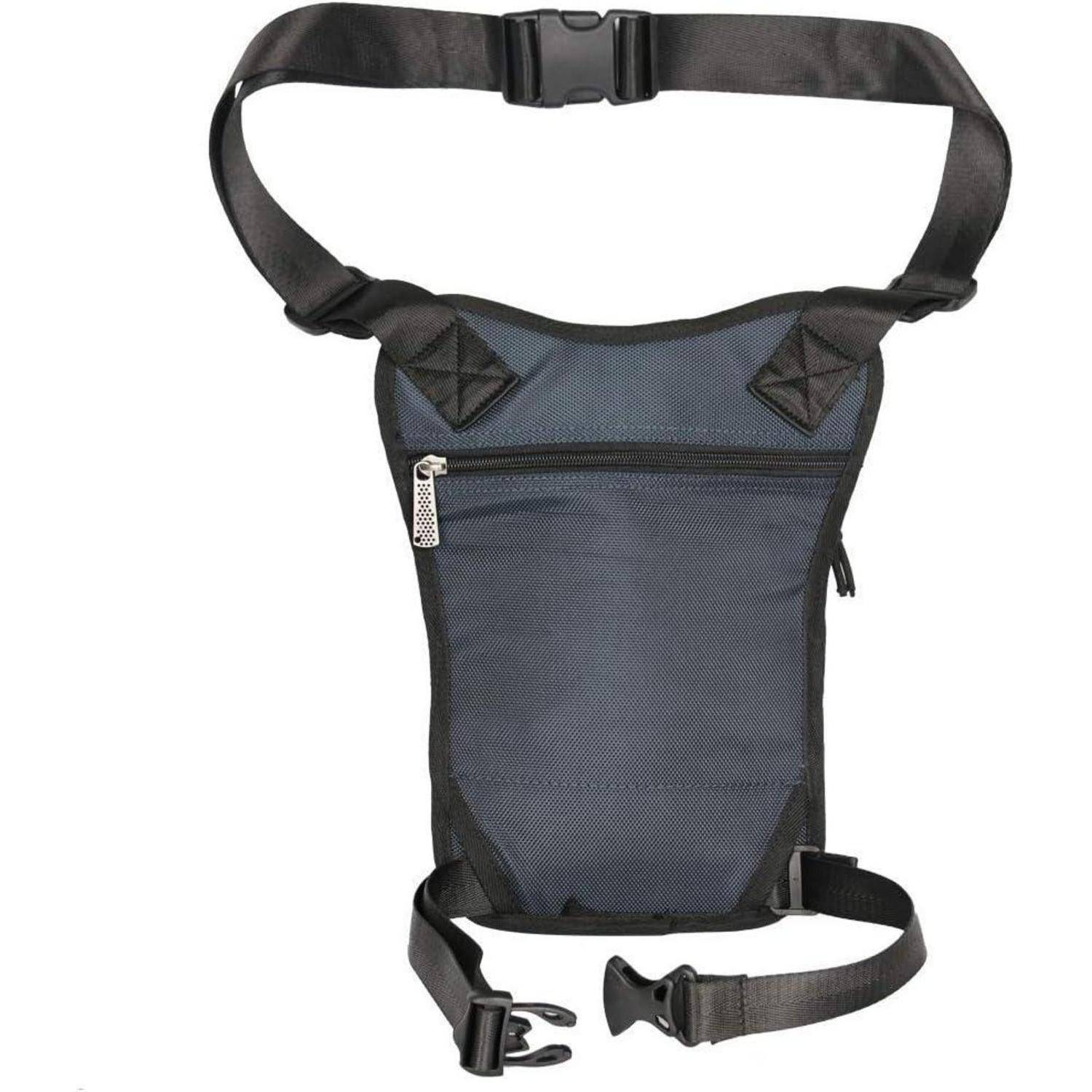 Schwarze verstellbare Beintasche oder Bauchtasche mit Schnallengurten und vorderer Reißverschlusstasche, auf weißem Hintergrund gezeigt.