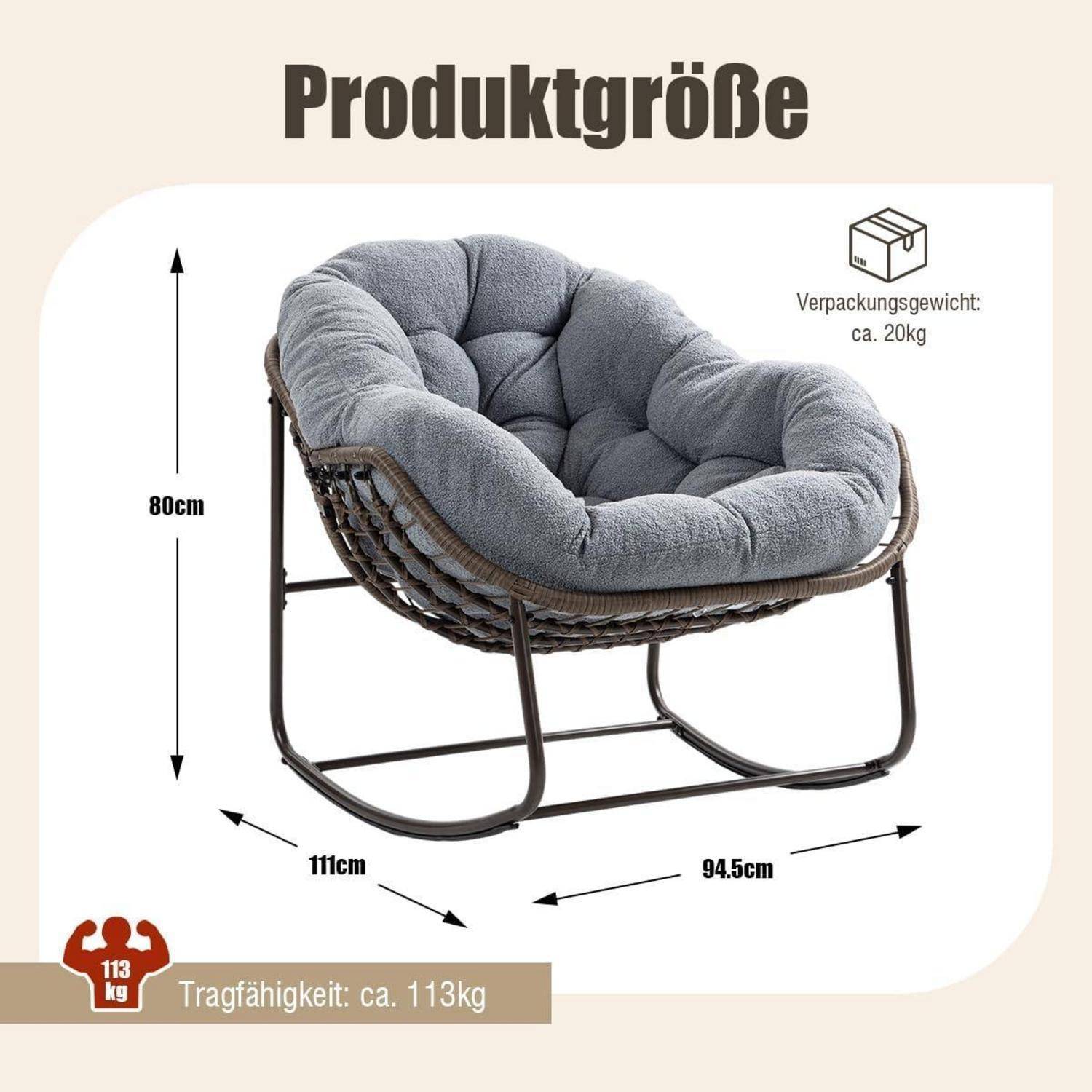 Produktgrößendiagramm für einen gepolsterten Loungestuhl mit den Abmessungen 80 cm Höhe, 111 cm Breite, 94,5 cm Tiefe, Verpackungsgewicht etwa 20 kg und Tragfähigkeit etwa 113 kg.