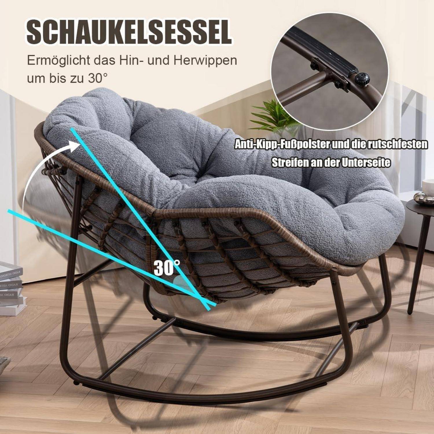 Produktbild eines gepolsterten Schaukelstuhls mit der Bezeichnung „Schaukelsessel", das eine Schaukelneigung von 30°, rutschfeste Fußpolster und rutschfeste Basisstreifen zeigt.