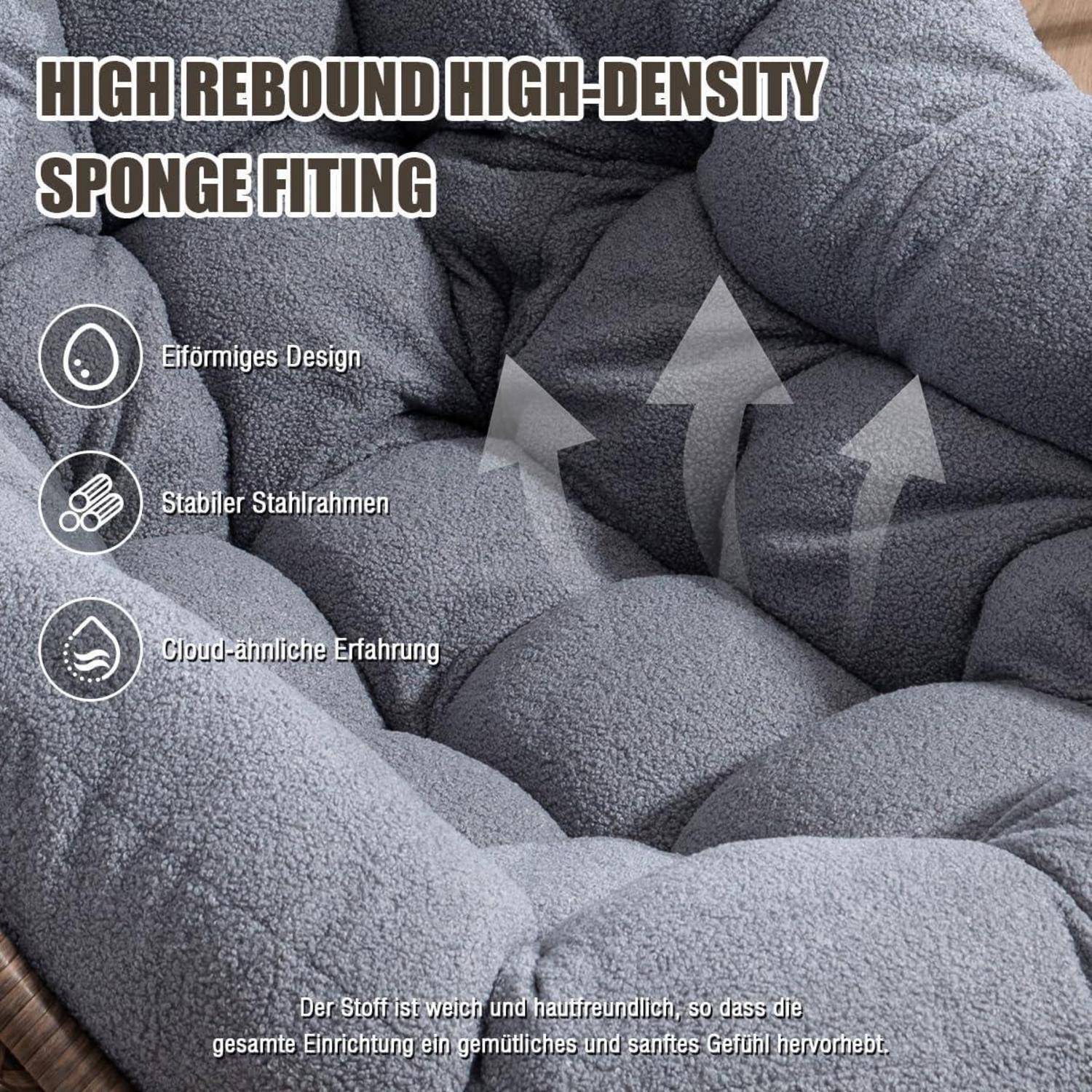 Nahaufnahme eines grau gepolsterten Sesselkissens mit Pfeilen, die die Federungsunterstützung zeigen, beschriftet mit „High Rebound High-Density Sponge Fitting" (hochelastische, hochdichte Schwammeinlage) und drei Funktionssymbolen.