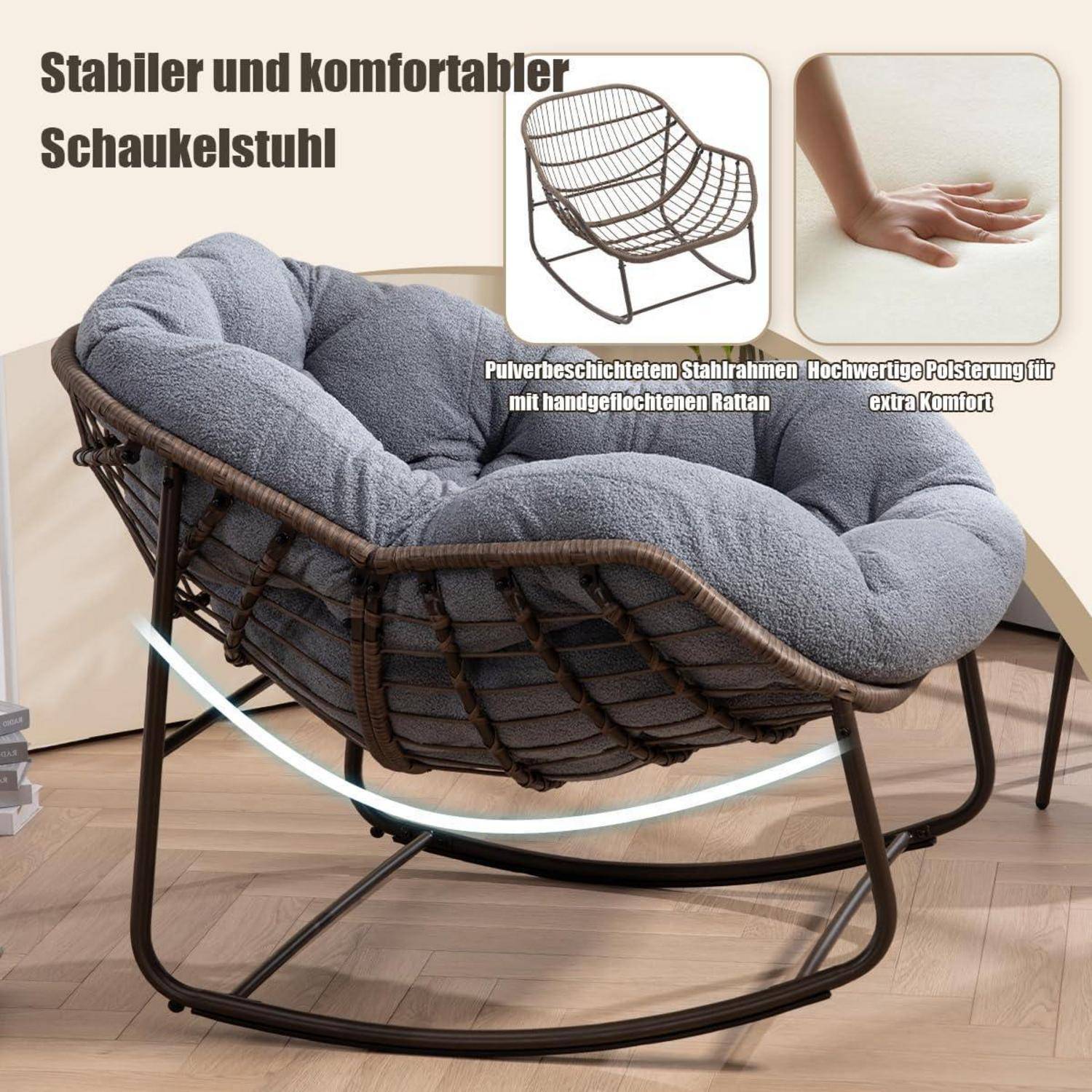 Gepolsterter Schaukelstuhl mit braunem Metallrahmen und gewebtem Rattanstil-Sitz, shown in einem Zimmer; text sagt 'Stabiler und komfortabler Schaukelstuhl' und hebt Komfort und Stahlrahmen hervor.