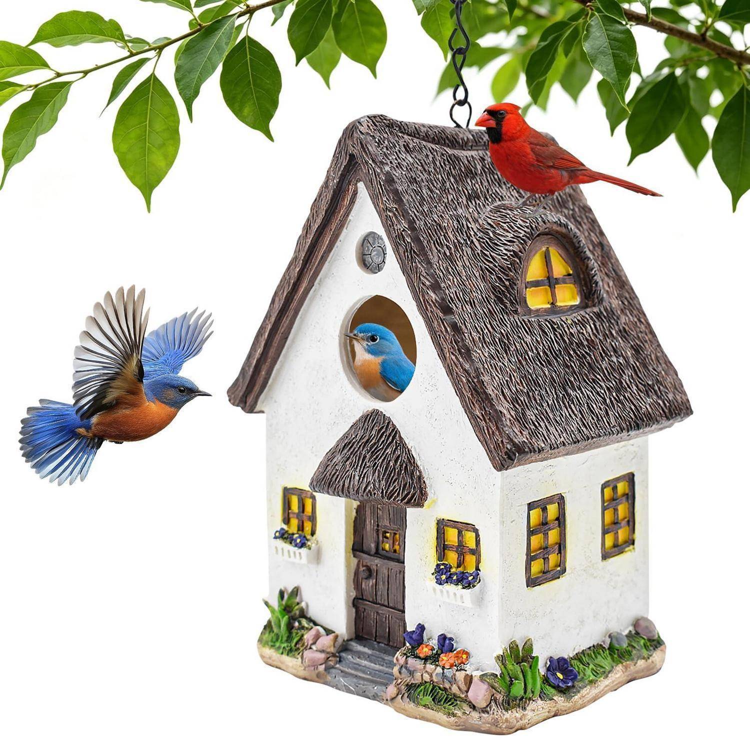 Dekoratives Vogelhaus mit drei bunten Vögeln: ein blauer Vogel im Flug, einer, der aus der kreisförmigen Öffnung schaut, und ein roter Vogel auf dem Dach.