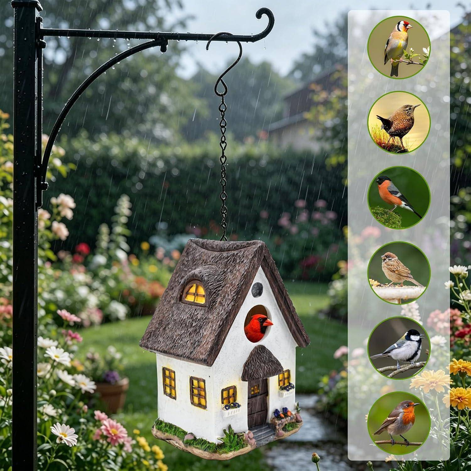 Regen hängt über einem hängenden Vogelhausfutterautomat in einem Blumengarten, mit sechs kreisförmigen Vogelfotos in einer vertikalen Seitenleiste.