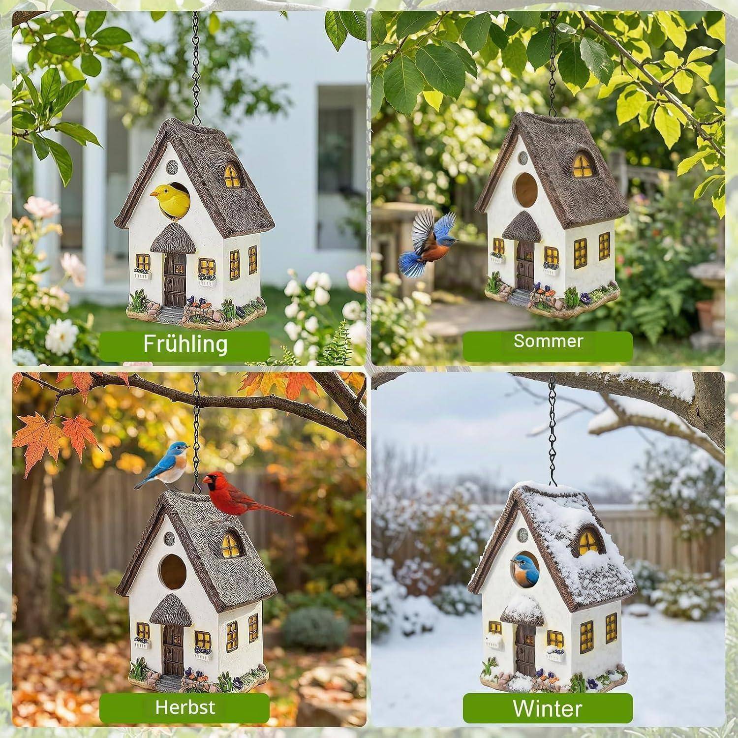 Vierpanel-Vergleich einer Jahreszeiten-Vogelhaus mit den Bezeichnungen 