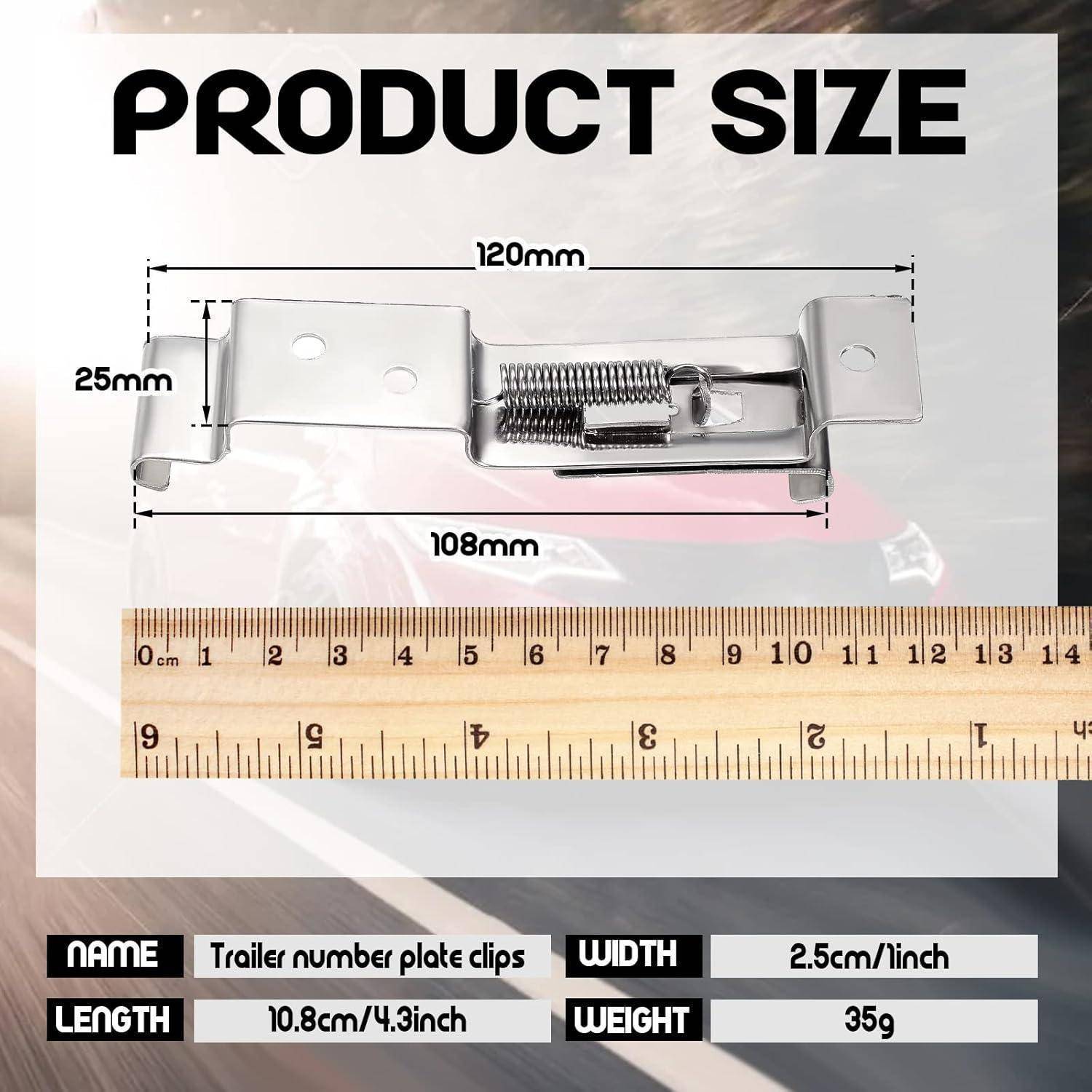 Produktgrößen-Diagramm für eine Anhänger-Kennzeichenhalterung, das zeigt 120 mm Breite, 108 mm Länge, 25 mm Höhe, und Abmessungen aufgelistet als 2,5 cm/Zoll breit, 10,8 cm/4,3 Zoll lang, 35 g Gewicht.