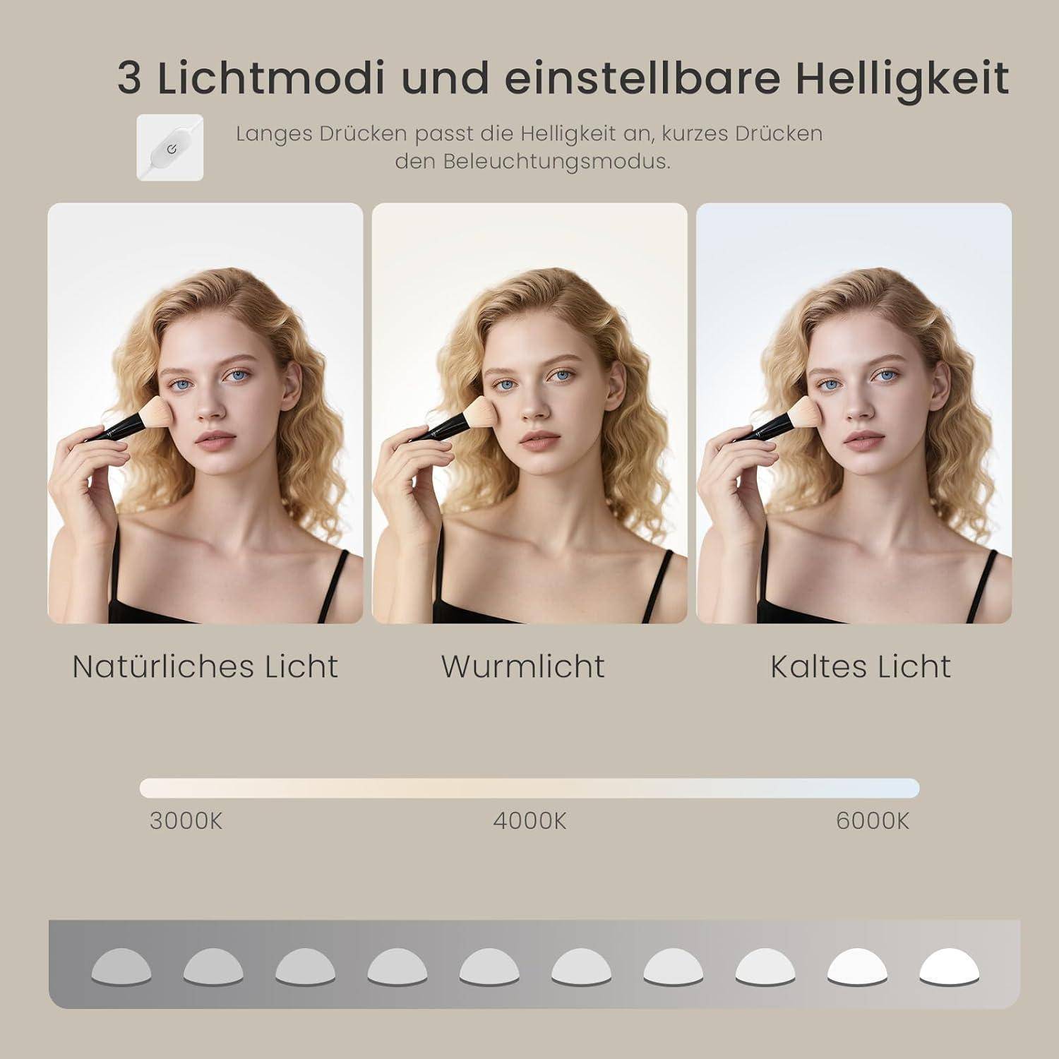 Produktgrafik mit 3 Lichtmodi und einstellbarer Helligkeit: Neutrallicht, Warmlicht und Kühllicht, mit einem Schieberegler von 3000K bis 6000K.