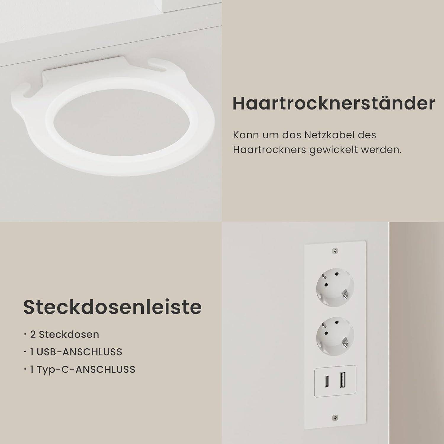 Haartrocknerhalter, der um das Stromkabel gewickelt werden kann; Wandsteckerleiste mit 2 Steckdosen, 1 USB-Anschluss und 1 Type-C-Anschluss.