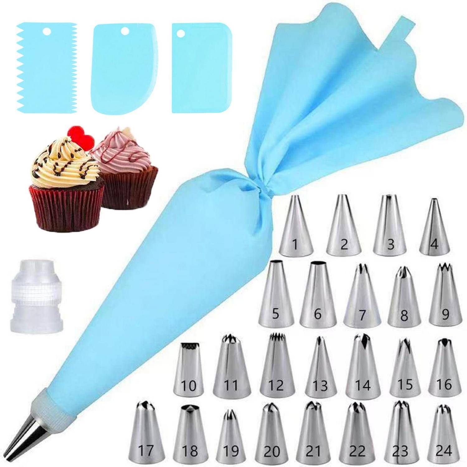 Kuchendekorations-Spritzbeutel-Set mit blauem wiederverwendbarem Spritzbeutel, 24 Metallspritztüllen, Kupplung und drei Kunststoff-Spachtekarten; Cupcakes als Beispiele gezeigt.