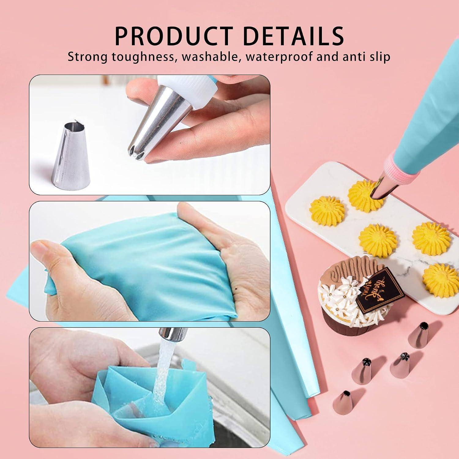 Produktdetails-Infografik mit wiederverwendbarem Spritzbeutel mit Düse; hebt starke, waschbare, wasserdichte und rutschfeste Verwendung zum Dekorieren von Kuchen hervor.