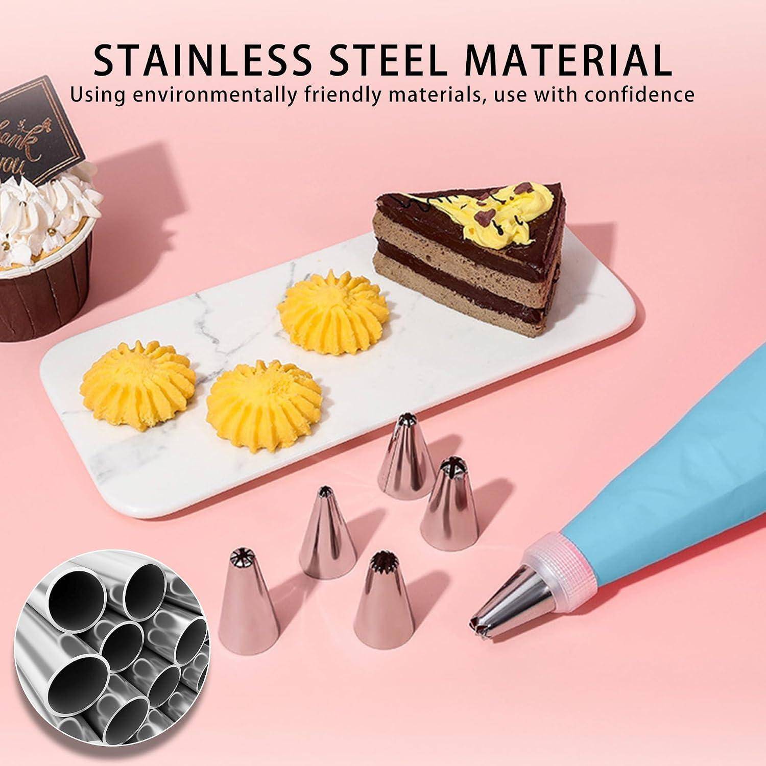 Werbebild von Edelstahl-Gebäckspritzbeuteln mit einem blauen Spritzbeutel, verwendet zum Dekorieren von Kuchen und Desserts auf rosa Hintergrund.