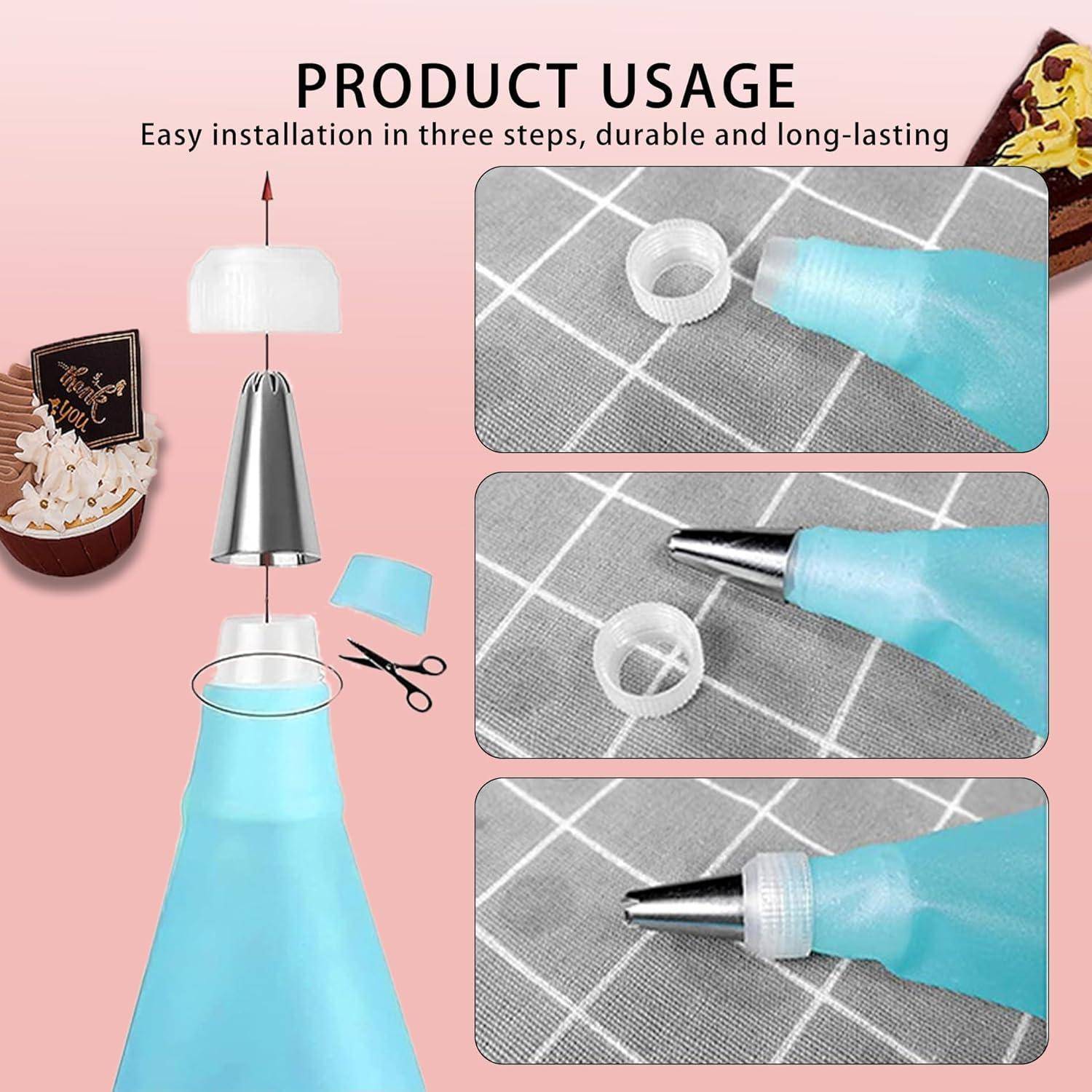 Eine Produktverwendungs-Infografik zeigt, wie man eine Spritztülle in drei Schritten an einen blauen Spritzbeutel anbringt: Adapter einführen, Tülle hinzufügen und dann die Kappe aufschrauben.