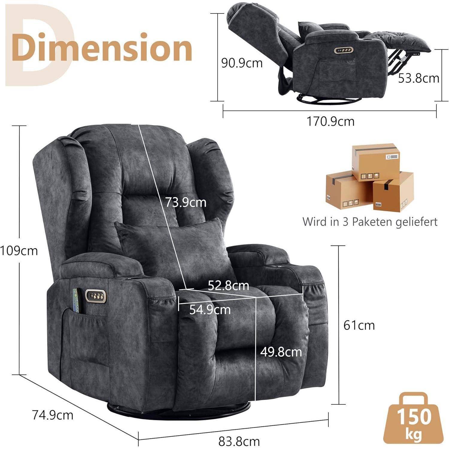 Abmessungsdiagramm eines grauen Relaxsessel-Lifte-Stuhls mit Größenmessungen, Tragfähigkeit von 150 kg und Lieferung in 3 Paketen.