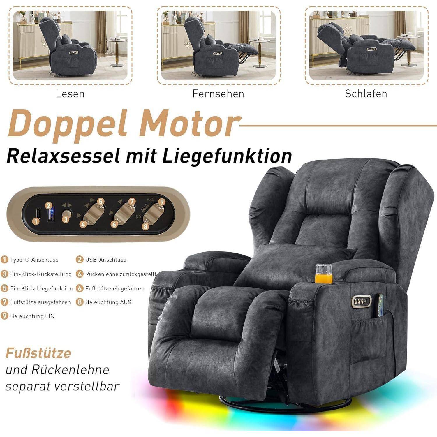 Werbebild eines dunkelgrauen Doppelmotors-Recliners mit Liegeflachfunktion, das Lese-, Fernseh- und Schlafpositionen sowie Steuerungstasten und verstellbare Fußstütze/Rückenlehne zeigt.