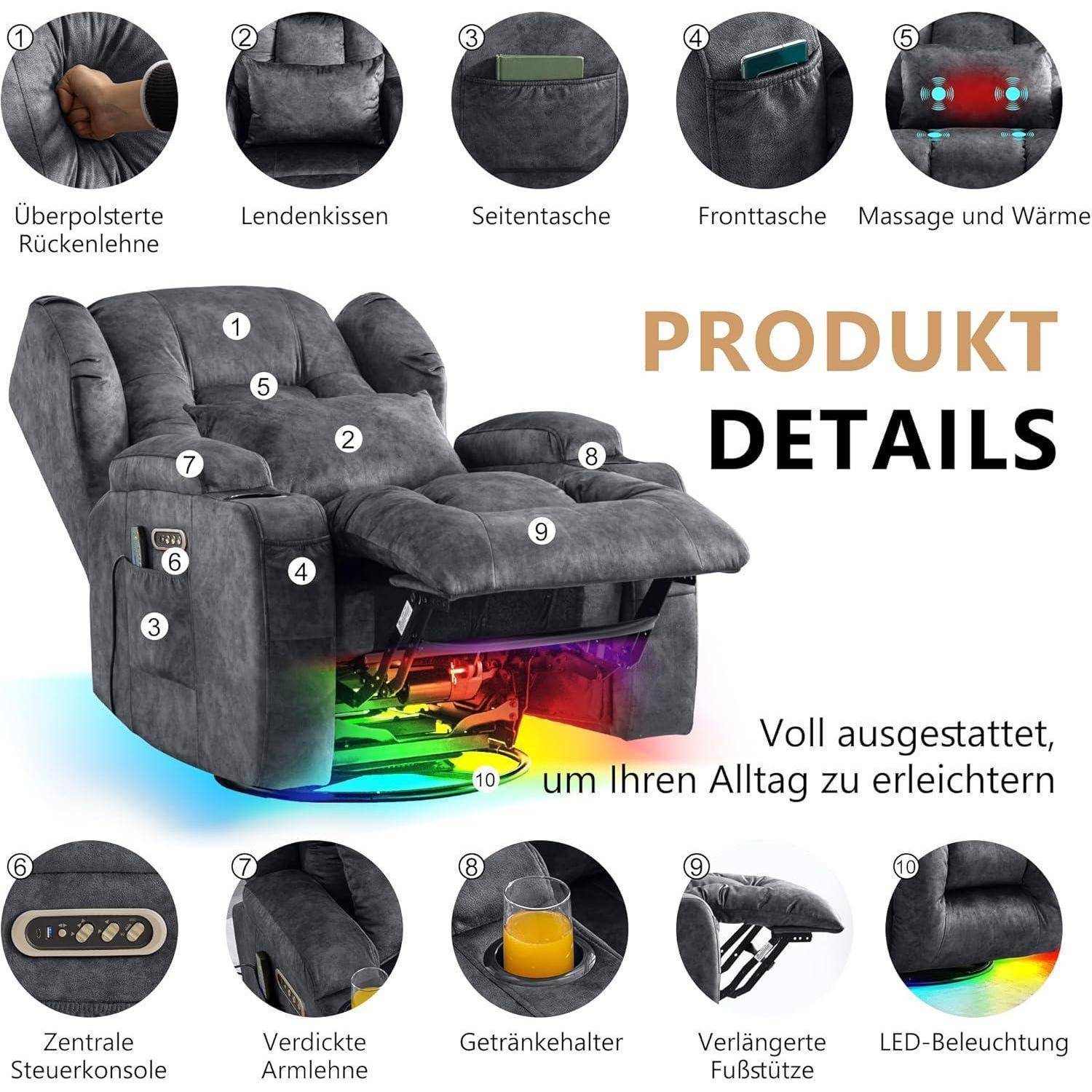 Annotierter Relaxsessel mit Aufzugfunktion und nummerierter Beschriftung der Funktionen: gepolsterte Rückenlehne, Lendenwirbelkissen, Seitentasche, Vordertasche, Massage und Wärmefunktion, Bedienfeld, Getränkehalter, ausfahrbare Fußstütze und LED-Beleuchtung.