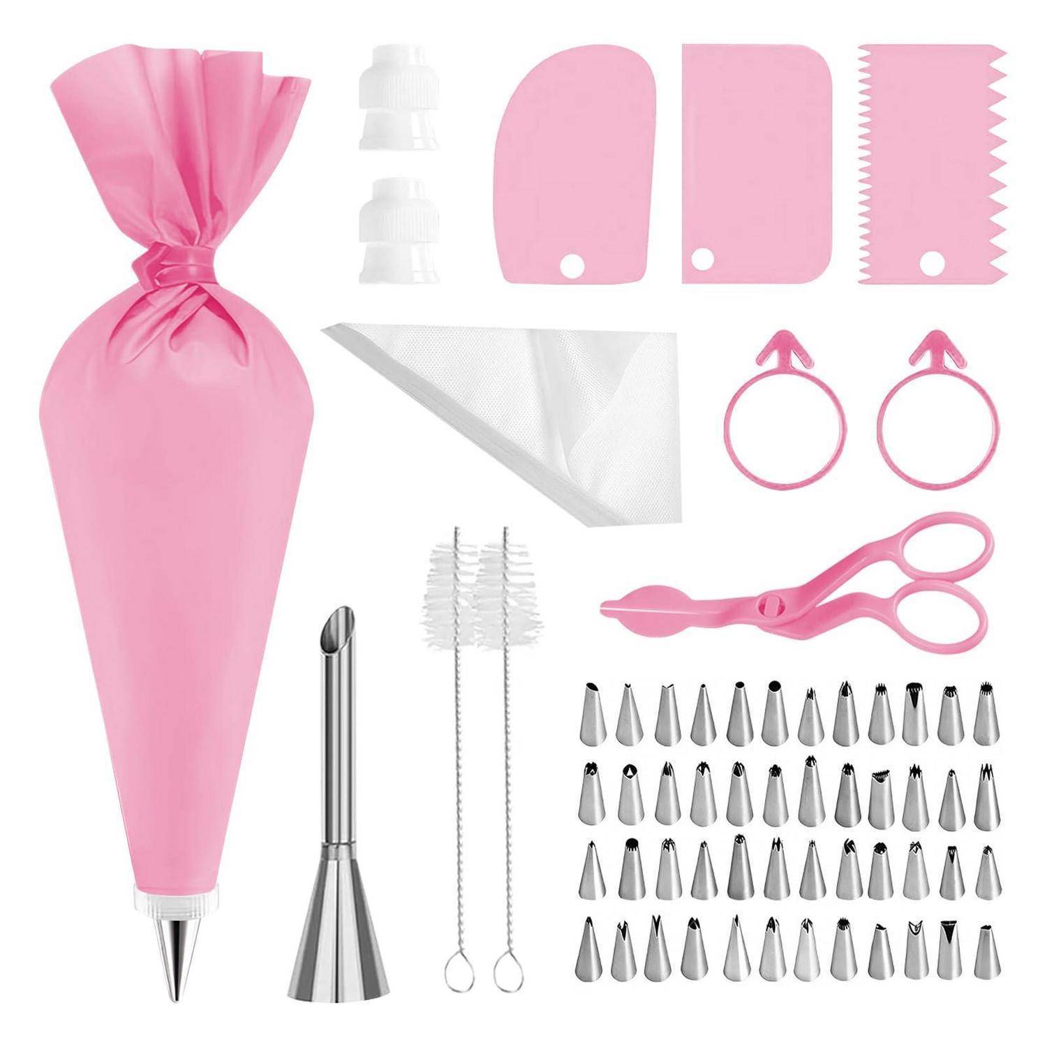 Rosa Spritzbeutel- und Dekorationsset mit wiederverwendbarem Spritzbeutel, Metallaufsätzen, Kupplungen, Blumennägeln, Reinigungsbürsten, Spachteln und Schere.