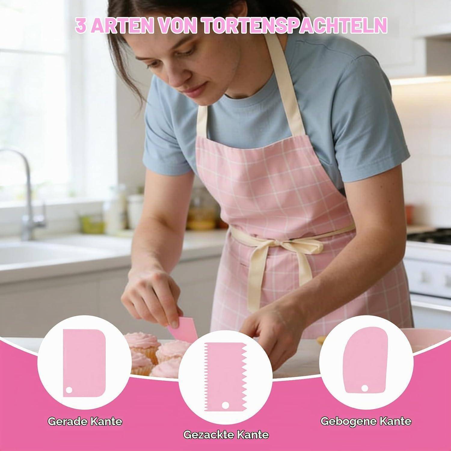 Plakat zeigt einen Bäcker, der einen Kuchen dekoriert, mit dem Titel „3 Arten von Tortenspachteln