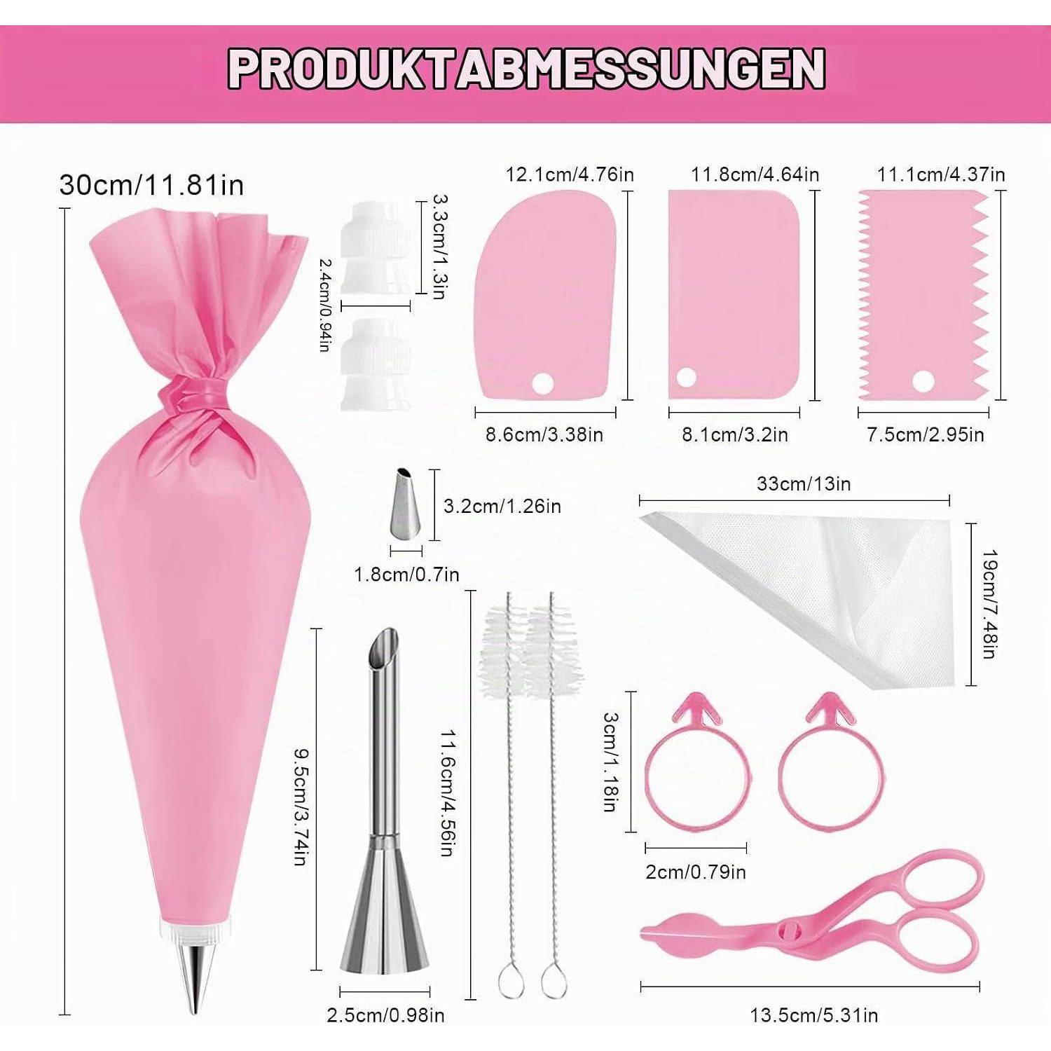 Produktabmessungen Infografik für ein rosa Spritzbeutel-Set, das die Größen des Spritzbeutels, der Düsen, des Kopplers, des Pinsels, der Bänder und des Kunststoffblatts mit Maßen in cm und Zoll zeigt.