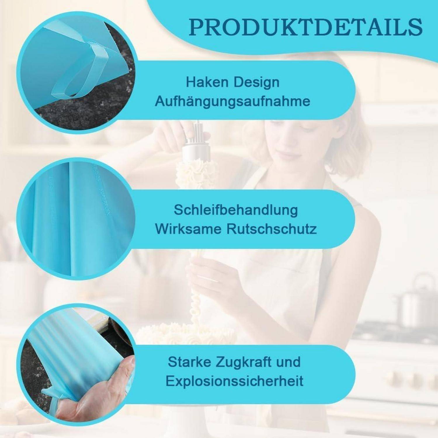 Produktdetail-Grafik für einen blauen Hängehaken: Hakenentwurf zum Aufhängen, poliert für Rutschfestigkeit, starke Zugkraft und Explosionssicherheit.