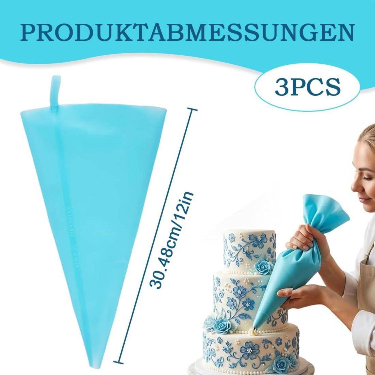 Produktabmessungen-Grafik mit 3 blauen Spritzbeuteln, jeweils 30,48 cm/12 Zoll lang, mit einem Bäcker, der einen Kuchen mit einem Beutel verziert.