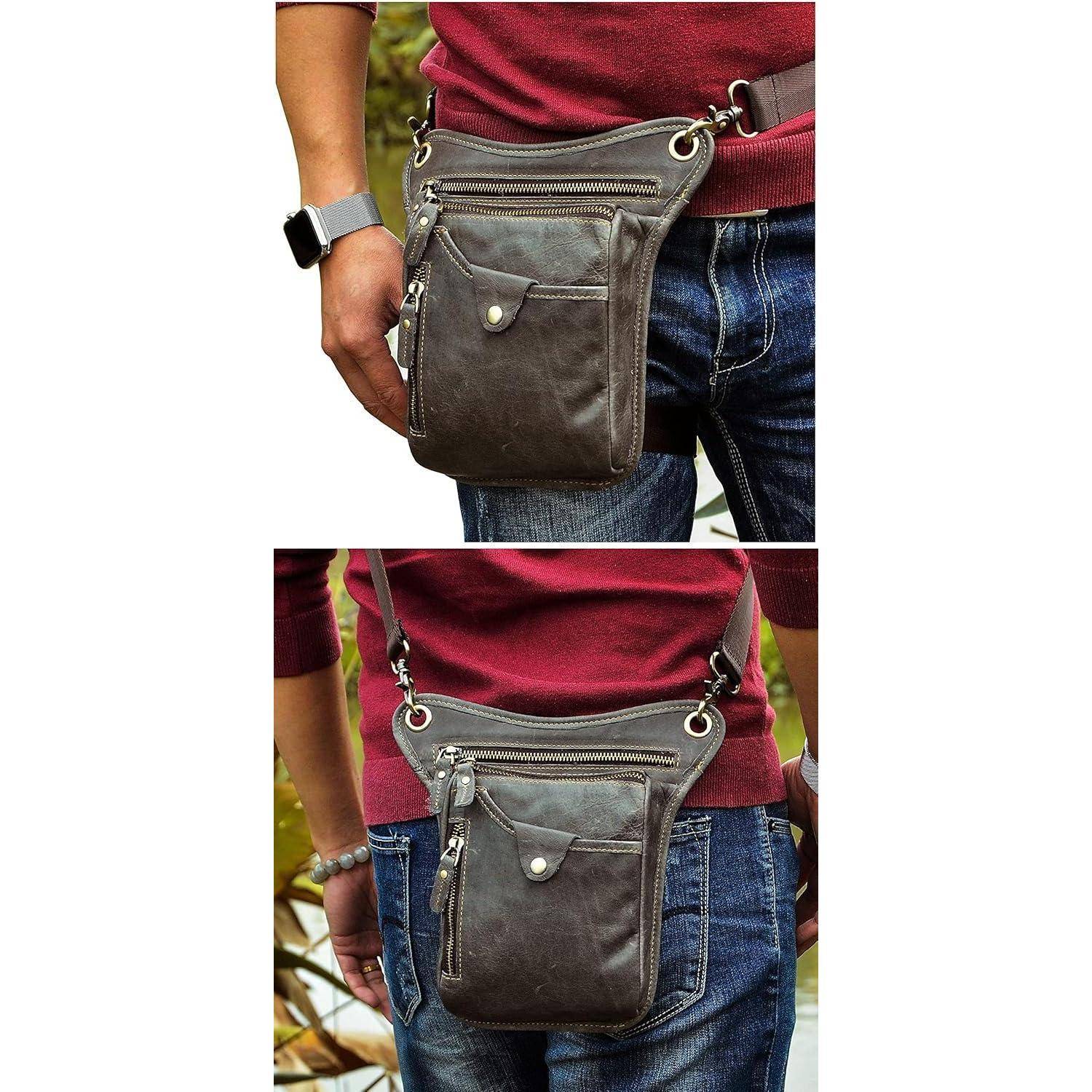 Zwei Ansichten einer Person, die eine graue Leder-Crossbody-Gürteltasche über einer Jeans und einem kastanienbraunen Hemd trägt.