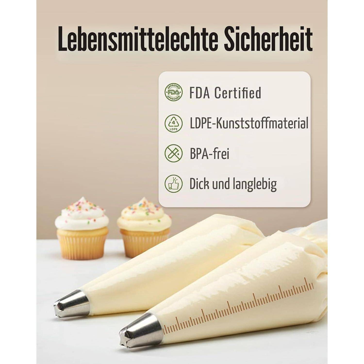 Bild zeigt Werbung für Lebensmittel-Spritzbeutel, gekennzeichnet mit „Lebensmittelechte Sicherheit