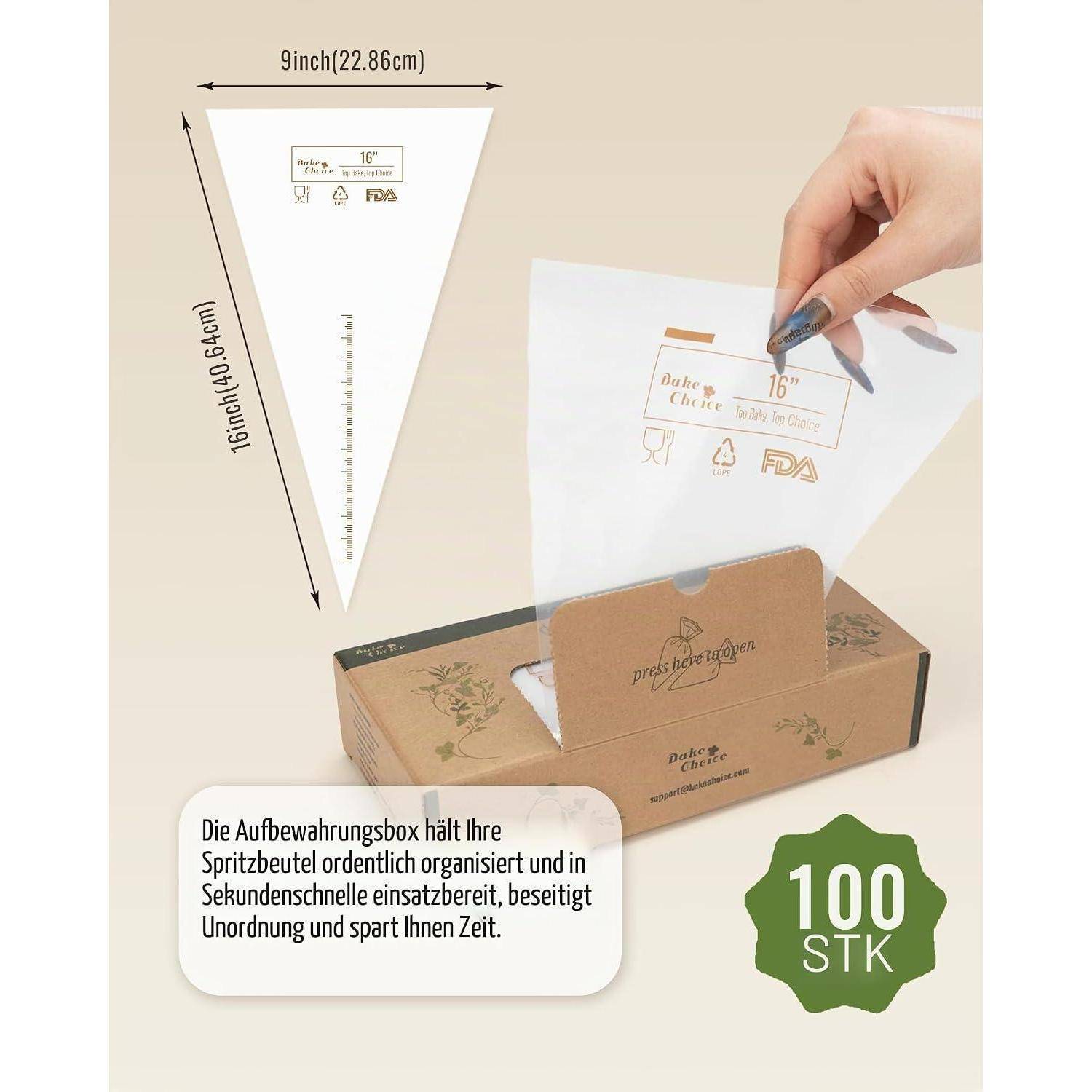 Abbildung von dreieckigen Spritzbeuteln in einer Schachtel, mit Größenangaben von 9 Zoll und 16 Zoll und der Packungsbezeichnung „100 STK