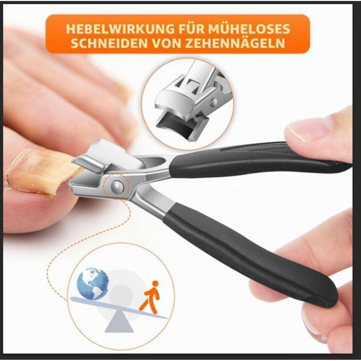 Nagelknipser schneidet einen dicken Zehennagel, mit deutschem Text, der müheloses Nagelschneiden bewirbt, und eine kleine Abbildung, die den Schneidmechanismus zeigt.