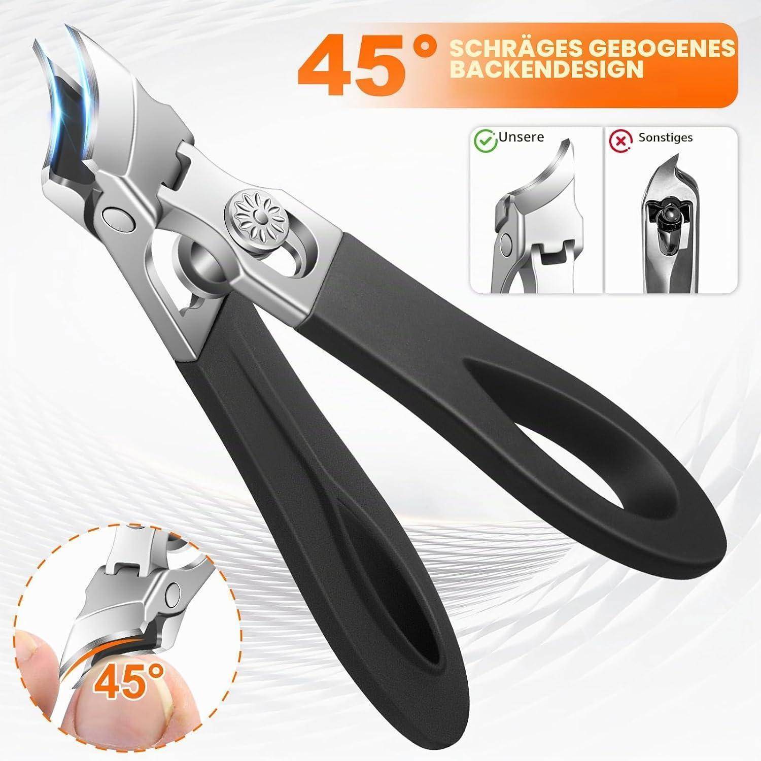 Nagelknipser mit schwarzem Griff und 45°-Winkel-gebogenem Rückendesign, auf Deutsch als 