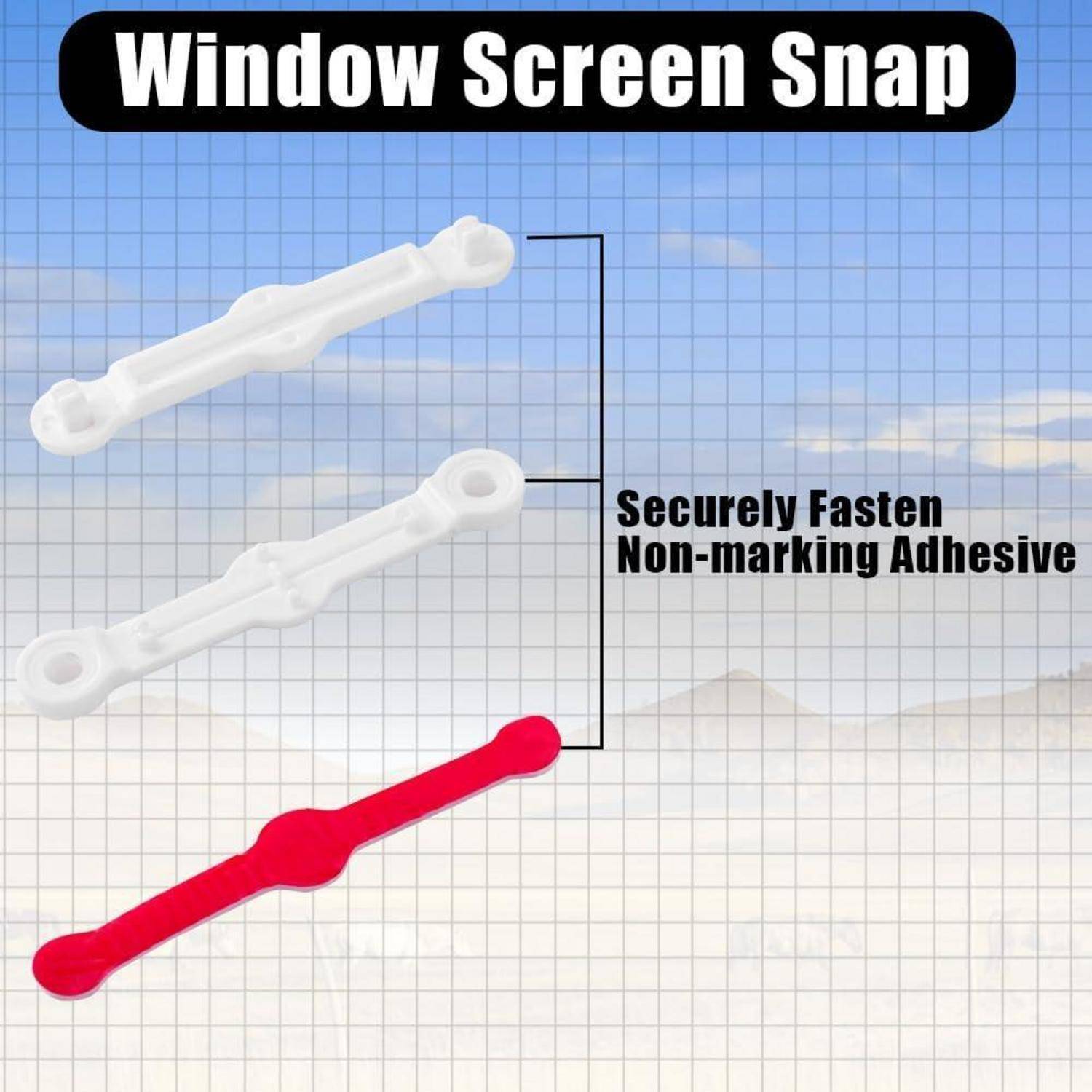 Anzeige für „Window Screen Snap" mit weißen und roten selbstklebenden Befestigungsstreifen und dem Text „Sicher befestigen, nicht hinterlassende Klebstoffe"".