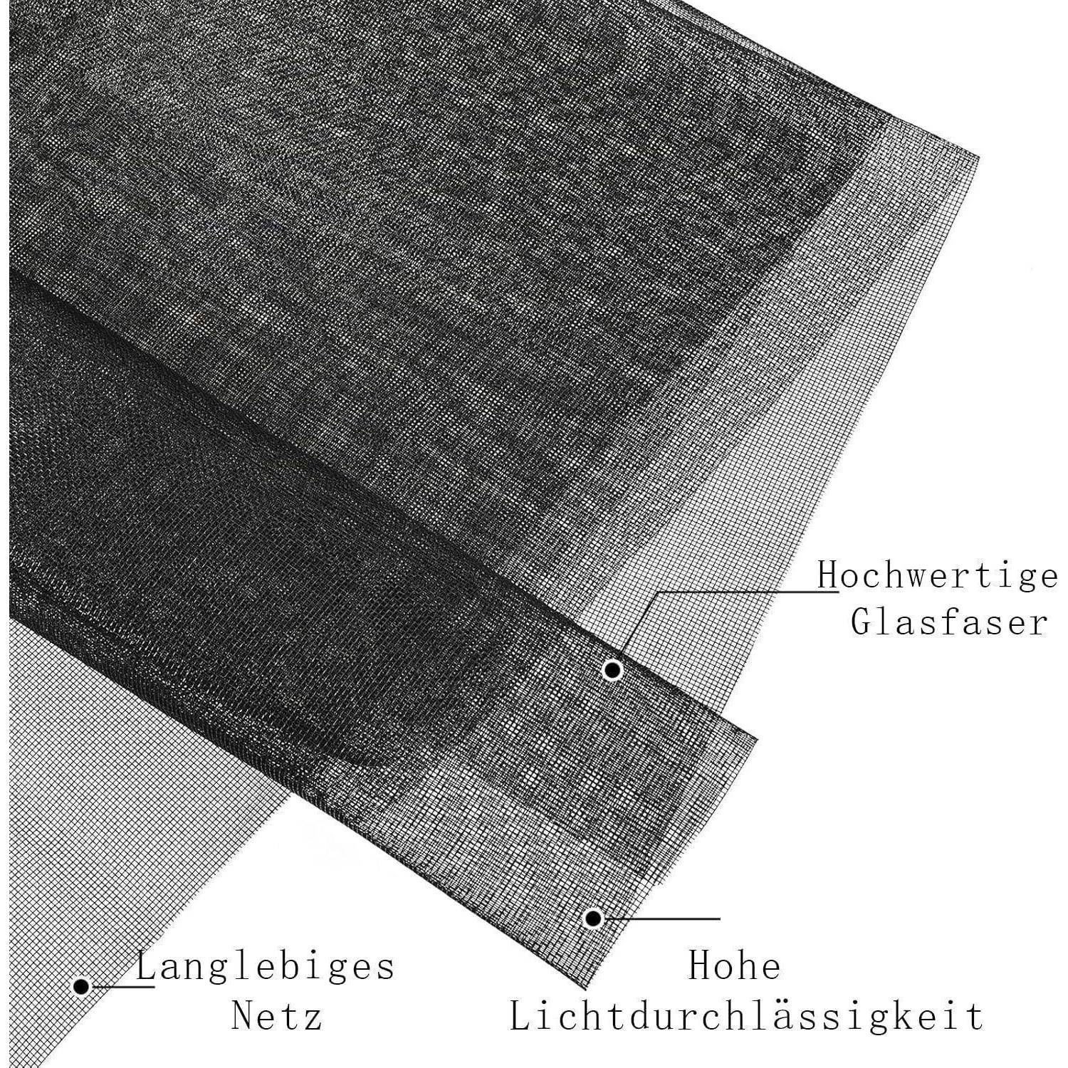 Nahaufnahme des mehrschichtigen Glasfaser-Netzgewebes mit Beschriftungen "Hochwertige Glasfaser"", ""Langlebiges Netz"" und ""Hohe Lichtdurchlässigkeit"".