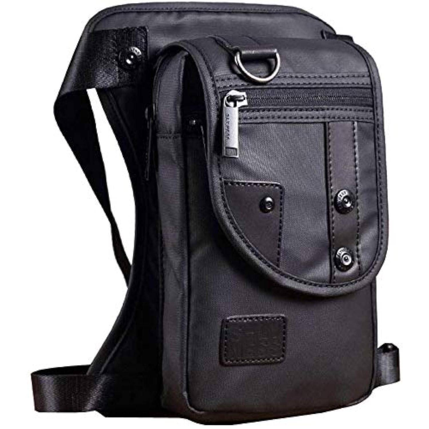Schwarze Nylon-Oberschenkel- oder Beinholster-Tasche mit verstellbaren Trägern, vorderen Klapptaschen und Reißverschluss auf weißem Hintergrund.