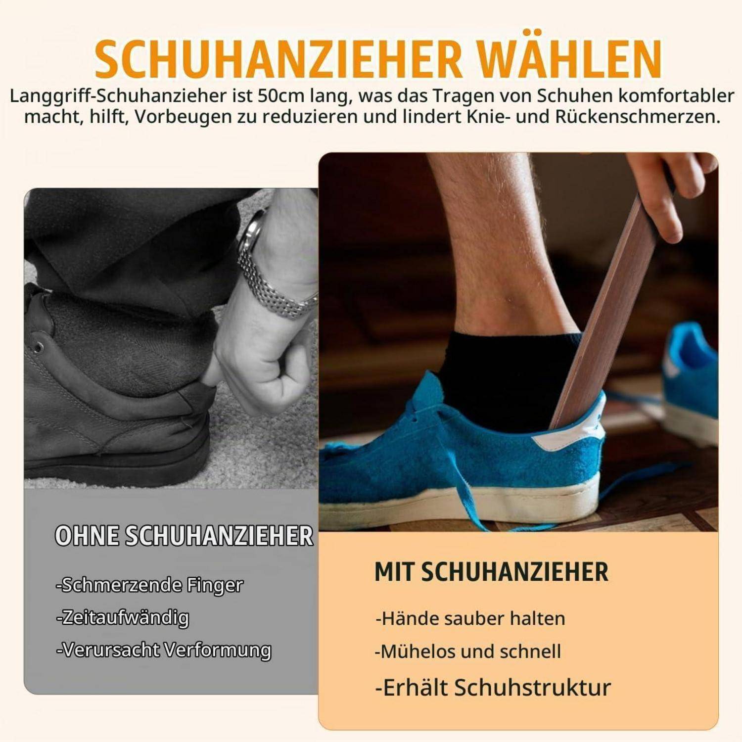Schuhlöffel Holz lang mit Aufhängeschlaufe 50 cm Schwarz