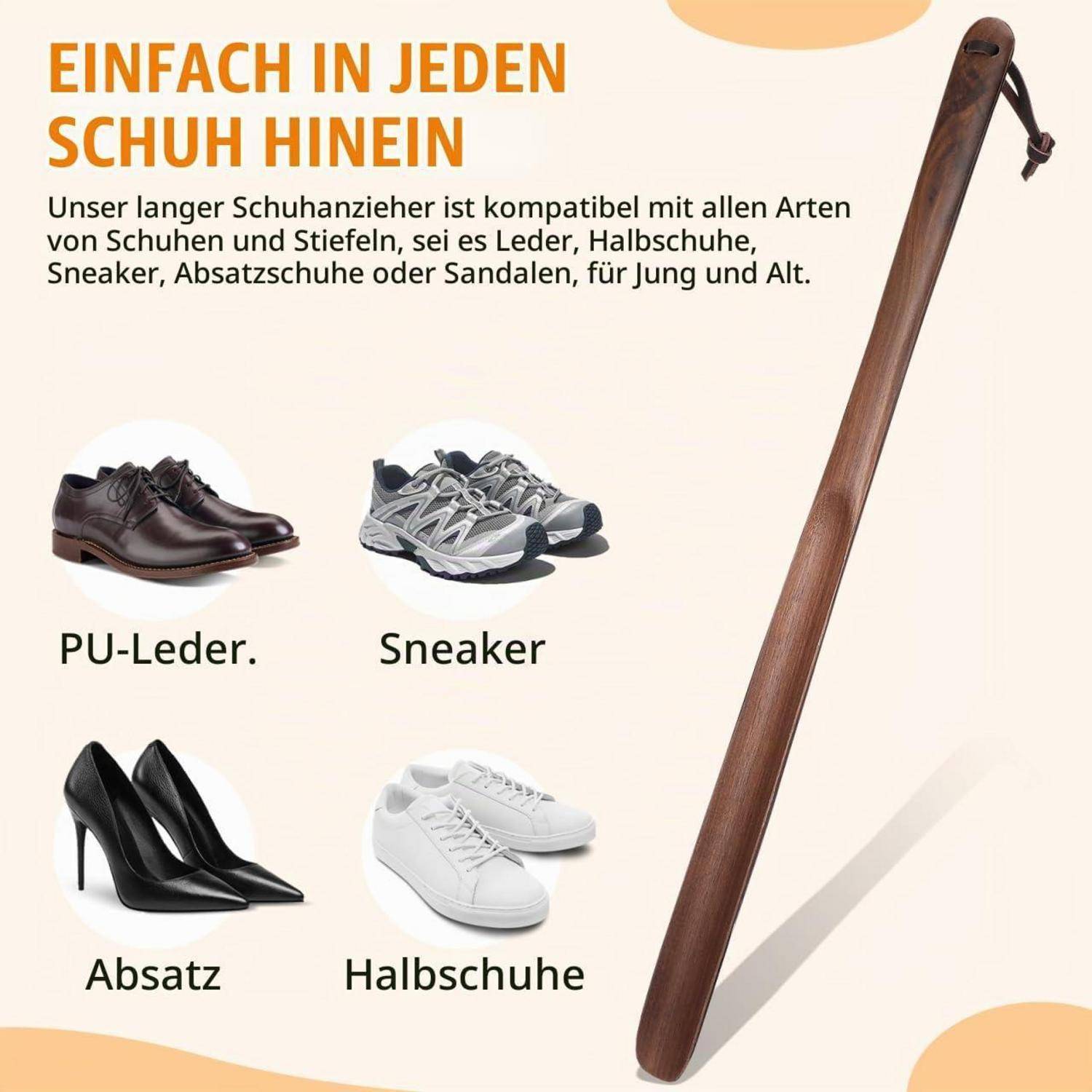 Ein Schuhanzieher-Angebot, das zeigt, dass er in jeden Schuh passt: Lederschuhe, Sneaker, Absätze und flache Schuhe; deutscher Text sagt „EINFACH IN JEDEN SCHUH HINEIN" und es funktioniert für Jung und Alt.