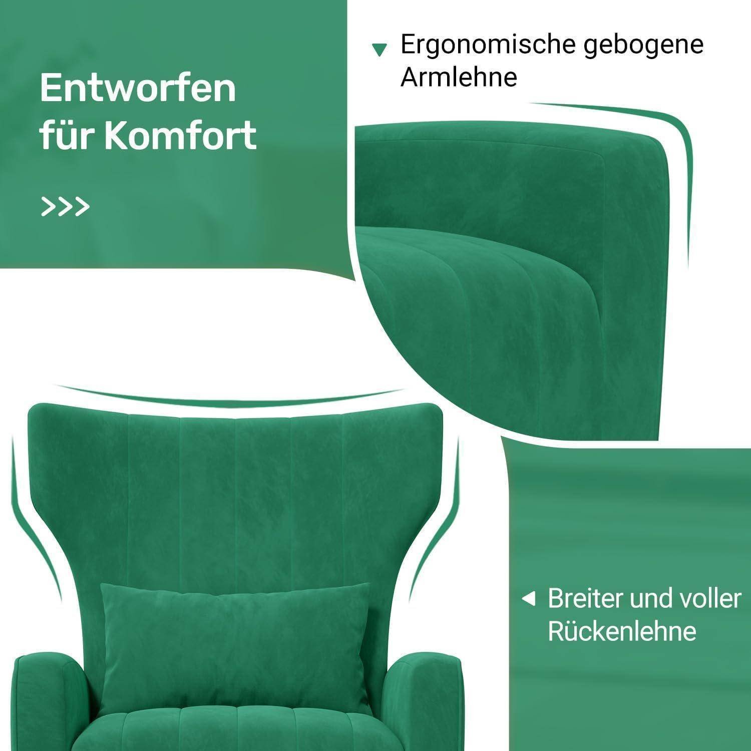 Grüner gepolsterter Sessel mit Beschriftungen, die ergonomisch geschwungene Armlehnen, eine breitere vollere Rückenlehne und ergonomisches Design hervorheben.