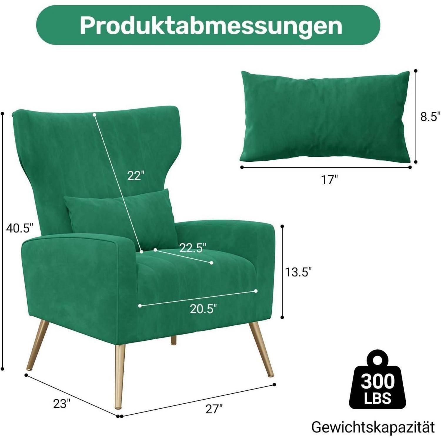 Produktabmessungen für einen grünen Stuhl und ein Kissen: Stuhl 102,9 cm H x 68,6 cm B x 58,4 cm T, Sitzfläche 34,3 cm H, Tragfähigkeit 136 kg; Kissen 43,2 cm x 21,6 cm.