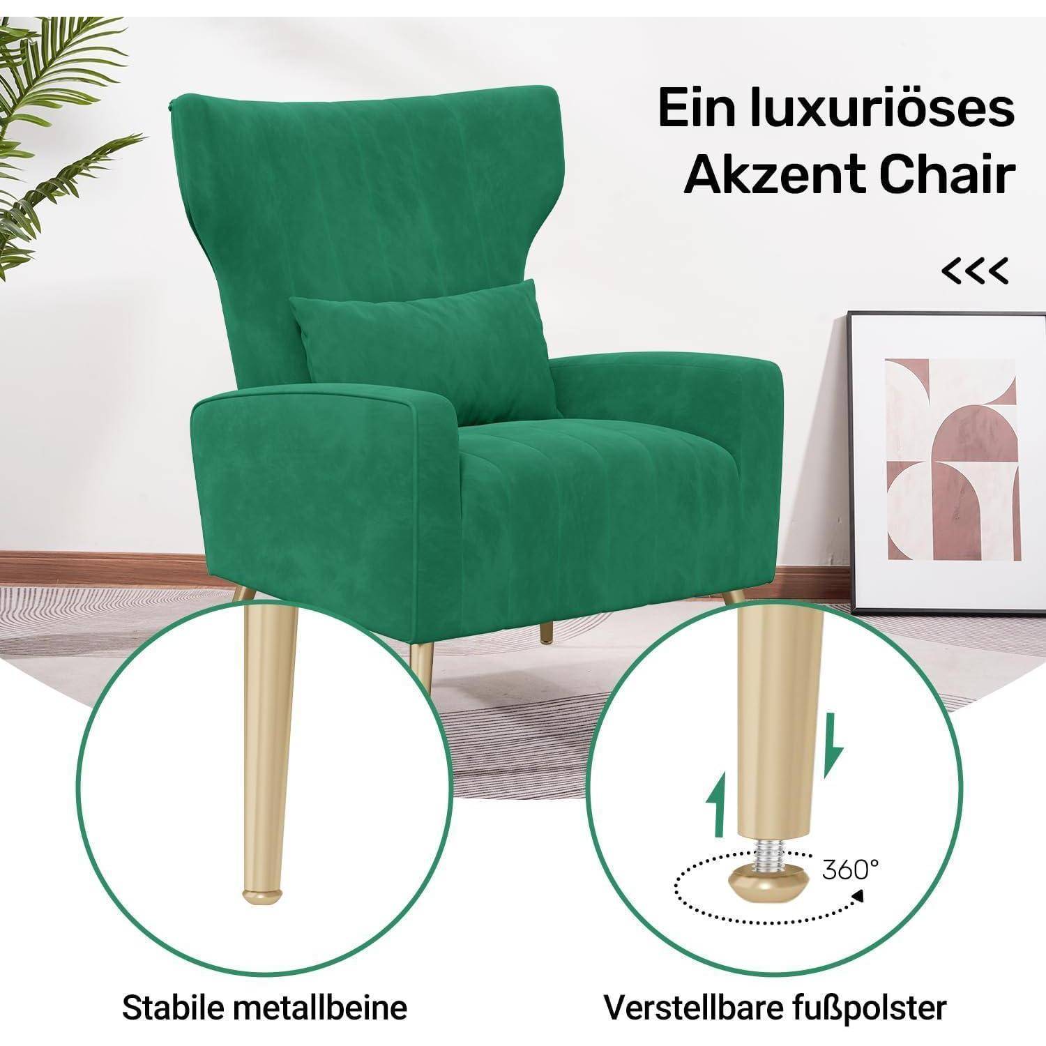 Grüner Luxus-Akzentusessel mit goldenen Metallbeinen und verstellbaren Fußpolstern; Text sagt „Ein luxuriöser Akzentusessel