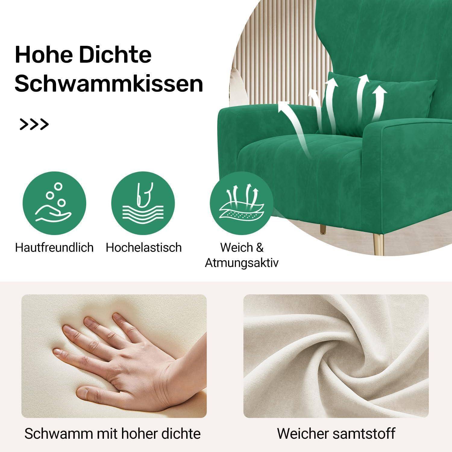 Relaxsessel Samt Grün mit Kopfkissen und Metallfüßen bis 130kg
