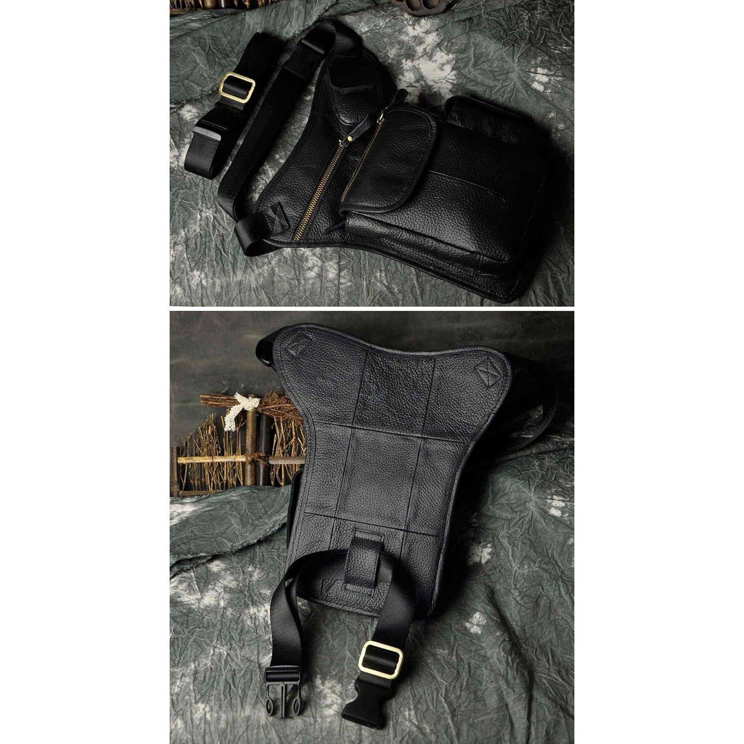 Schwarze Ledertasche mit Schultergurt und verstellbarem Riemen, von vorne und hinten auf strukturiertem grauem Hintergrund gezeigt.