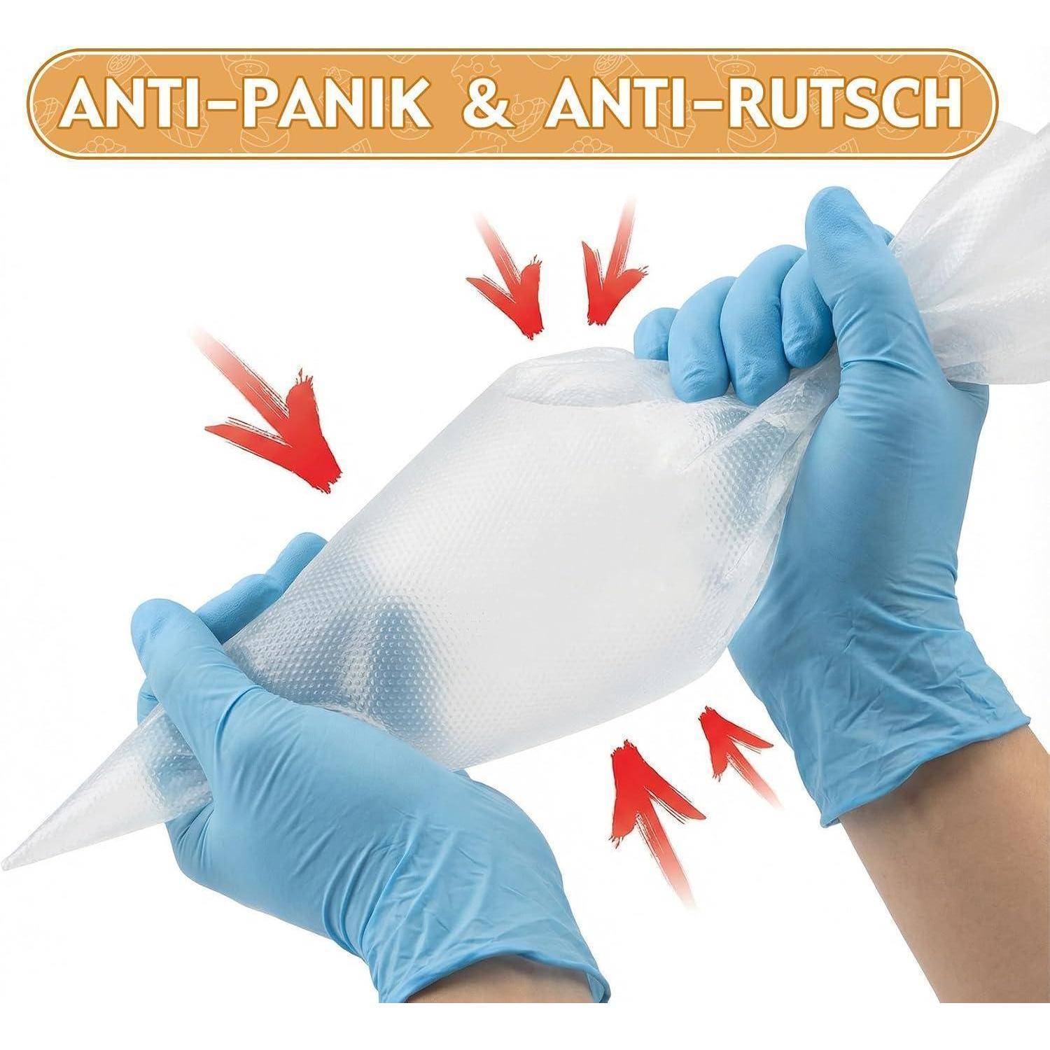 Behandschuhte Hände dehnen einen klaren, rutschfesten, angstfreien Kunststoffbeutel oder ein Kissen, mit roten Pfeilen, die Druckentlastung und Griffigkeit zeigen.