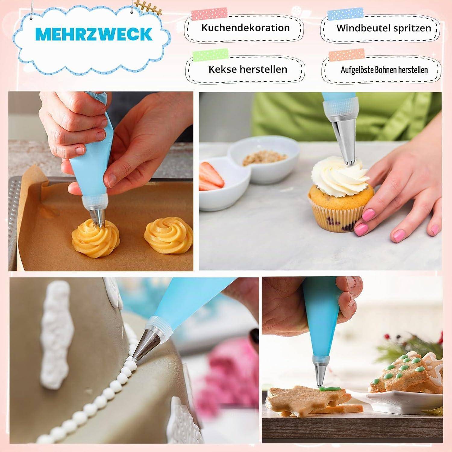 Collage mit einer Spritztüte zur Kuchendekoration, zum Füllen von Windbeuteln, zum Herstellen von Keksen und zum Verzieren von Gebäck; die Beschriftungen lauten „MEHRZWECK